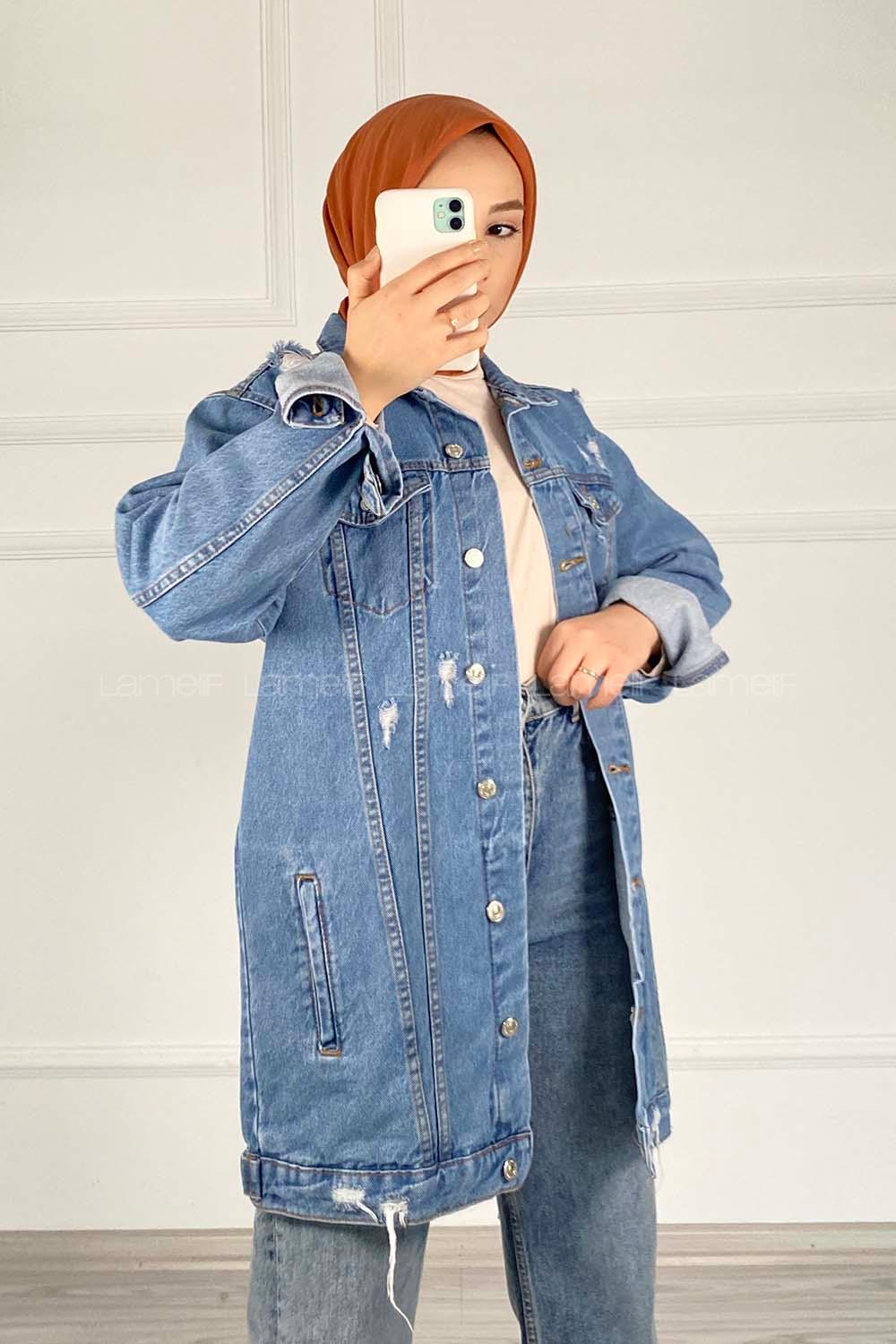 Modalamelif Yırtık Model Kot Ceket Açık Mavi