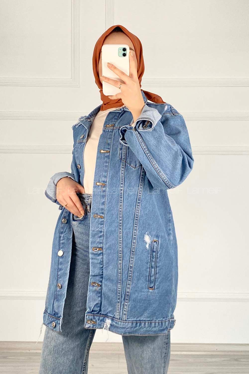 Modalamelif Yırtık Model Kot Ceket Açık Mavi