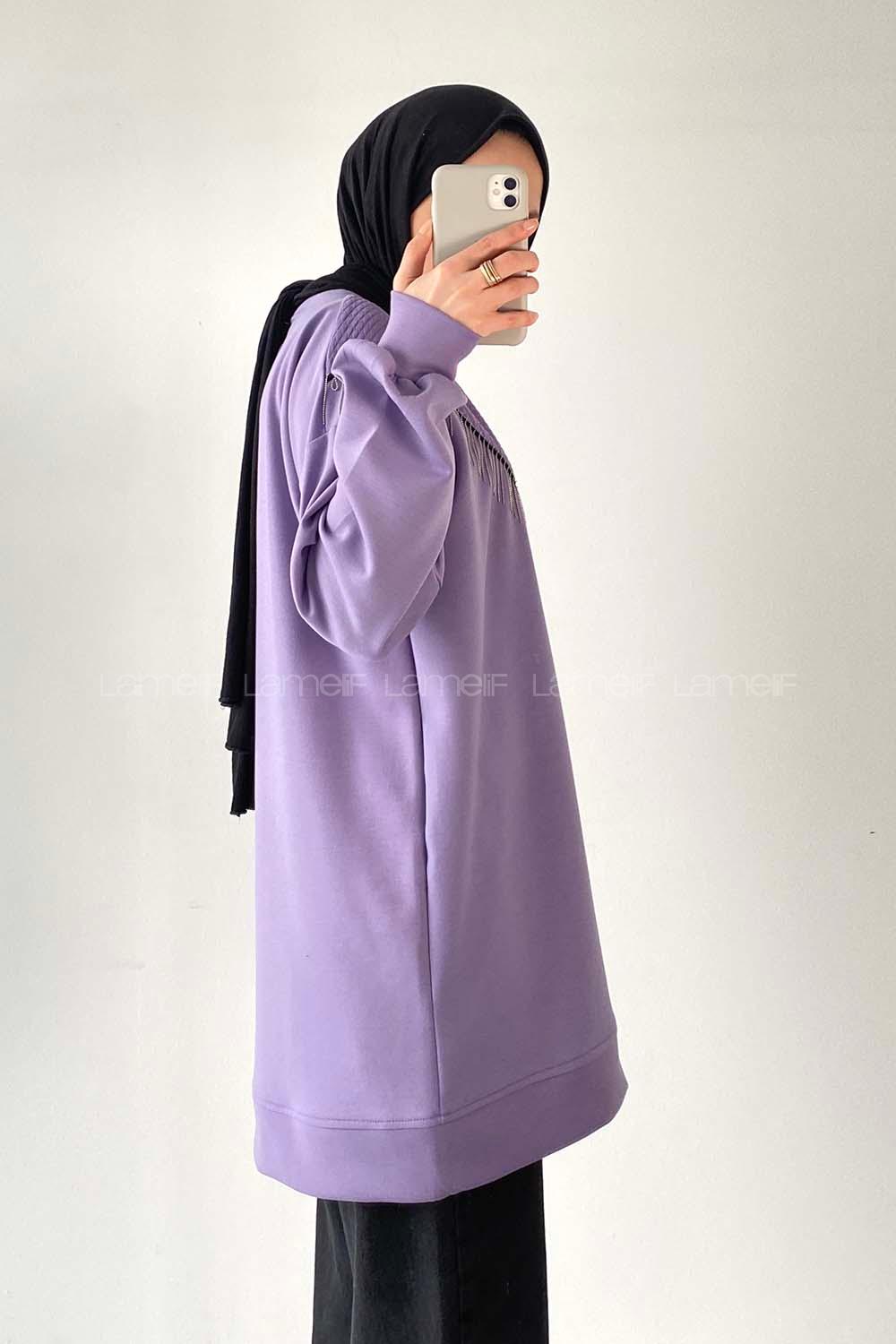 Modalamelif Bisiklet Yaka Püsküllü Kapitone Sweat Mor