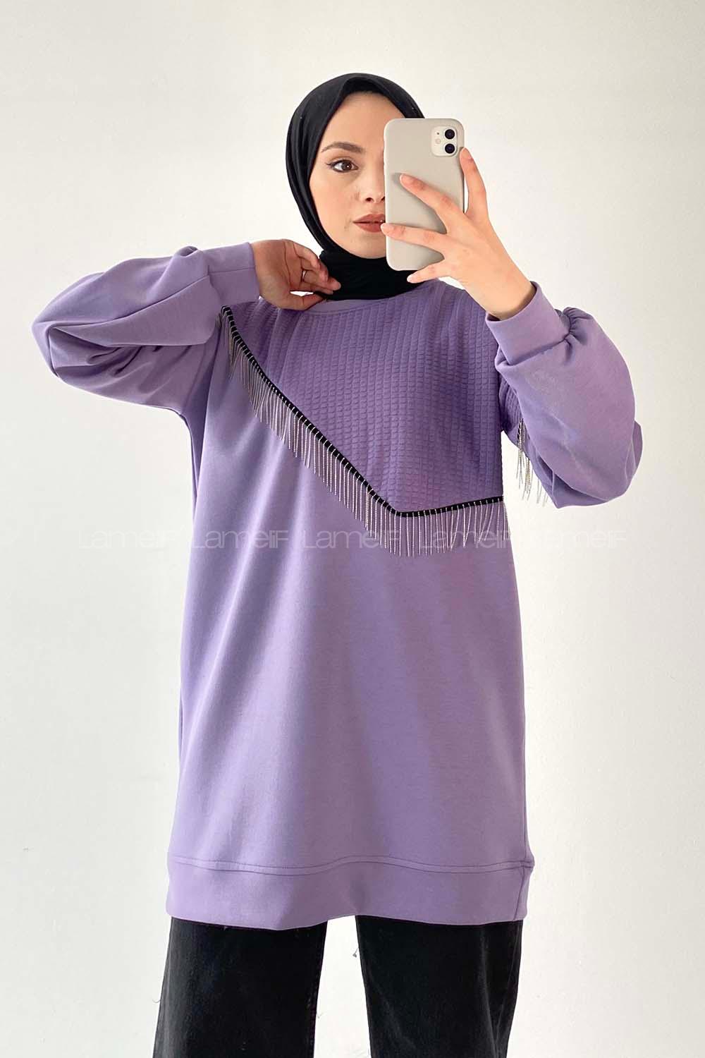 Modalamelif Bisiklet Yaka Püsküllü Kapitone Sweat Mor