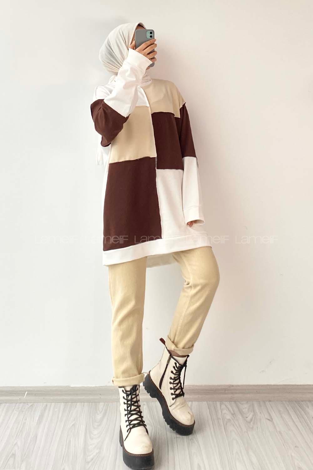 Modalamelif Bisiklet Yaka Renk Parça Garnili Detaylı Sweat Krem