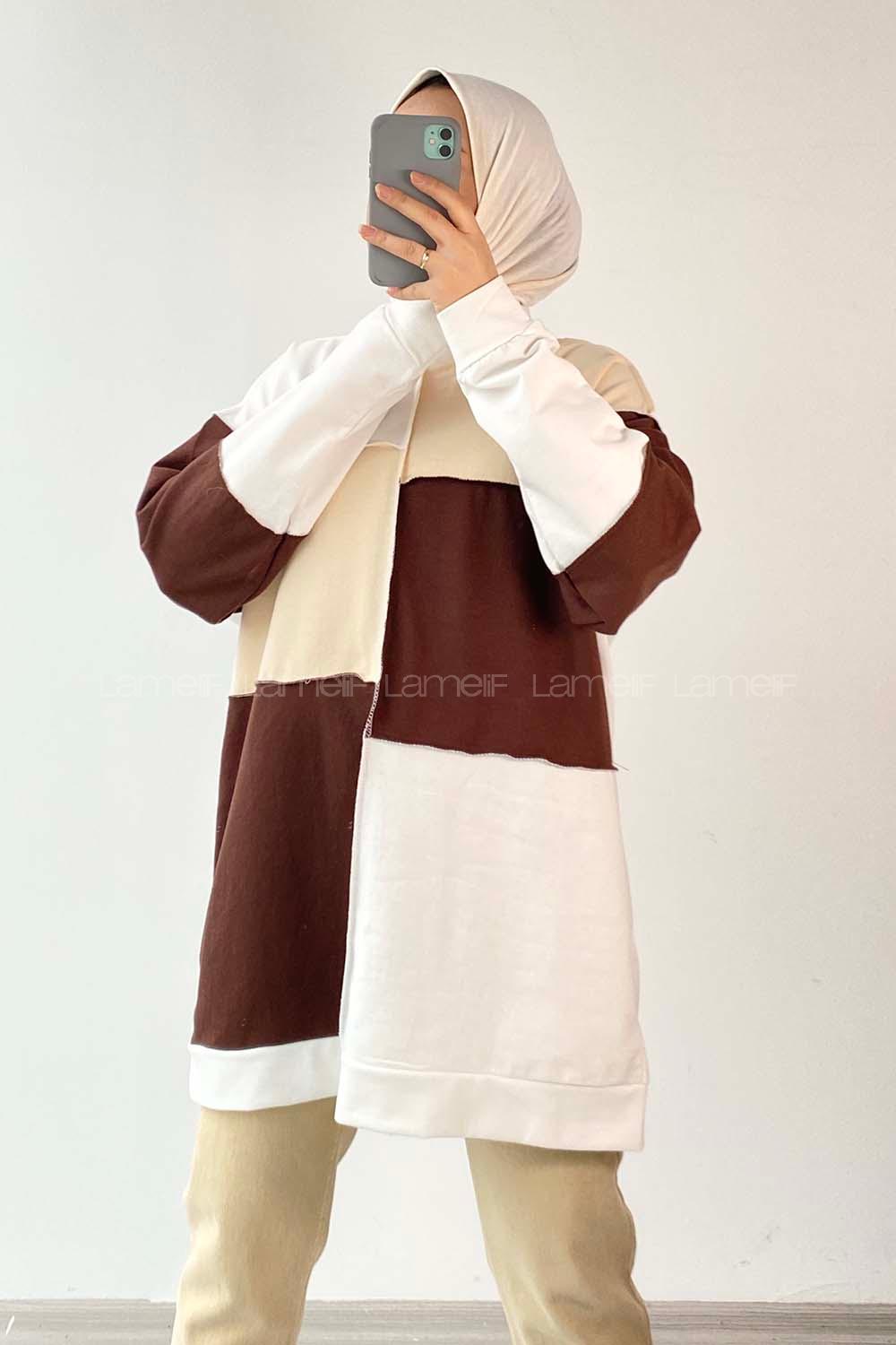 Modalamelif Bisiklet Yaka Renk Parça Garnili Detaylı Sweat Krem