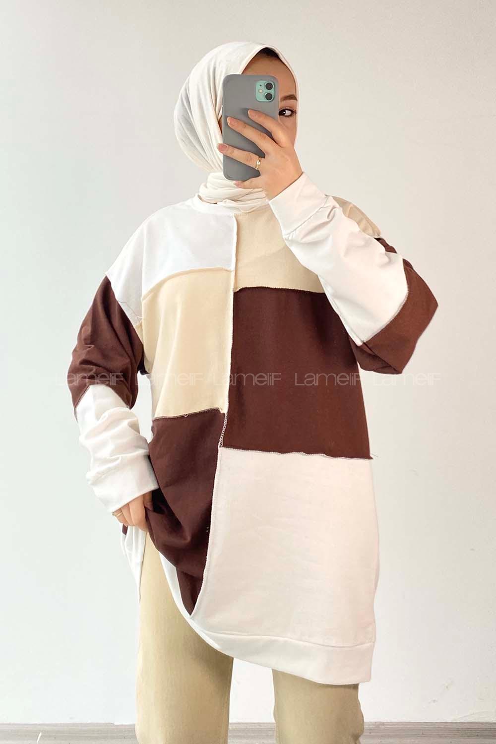 Modalamelif Bisiklet Yaka Renk Parça Garnili Detaylı Sweat Krem