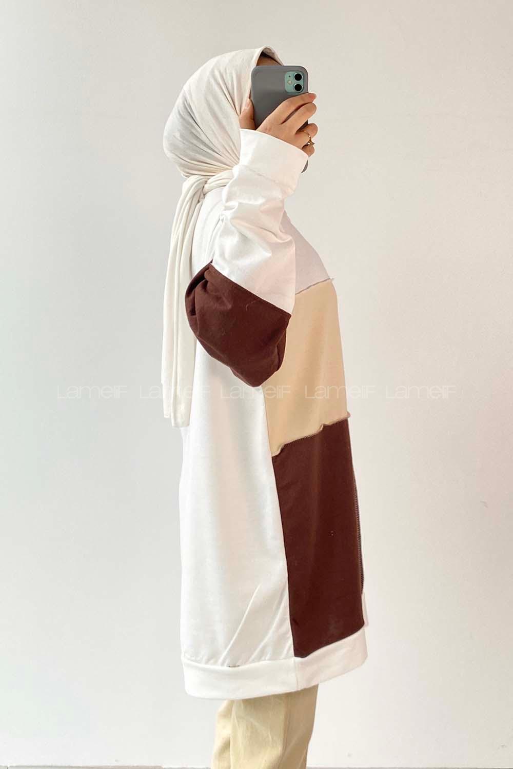 Modalamelif Bisiklet Yaka Renk Parça Garnili Detaylı Sweat Krem