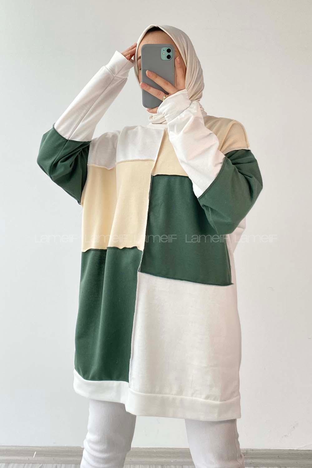 Modalamelif Bisiklet Yaka Renk Parça Garnili Detaylı Sweat Yeşil-Krem