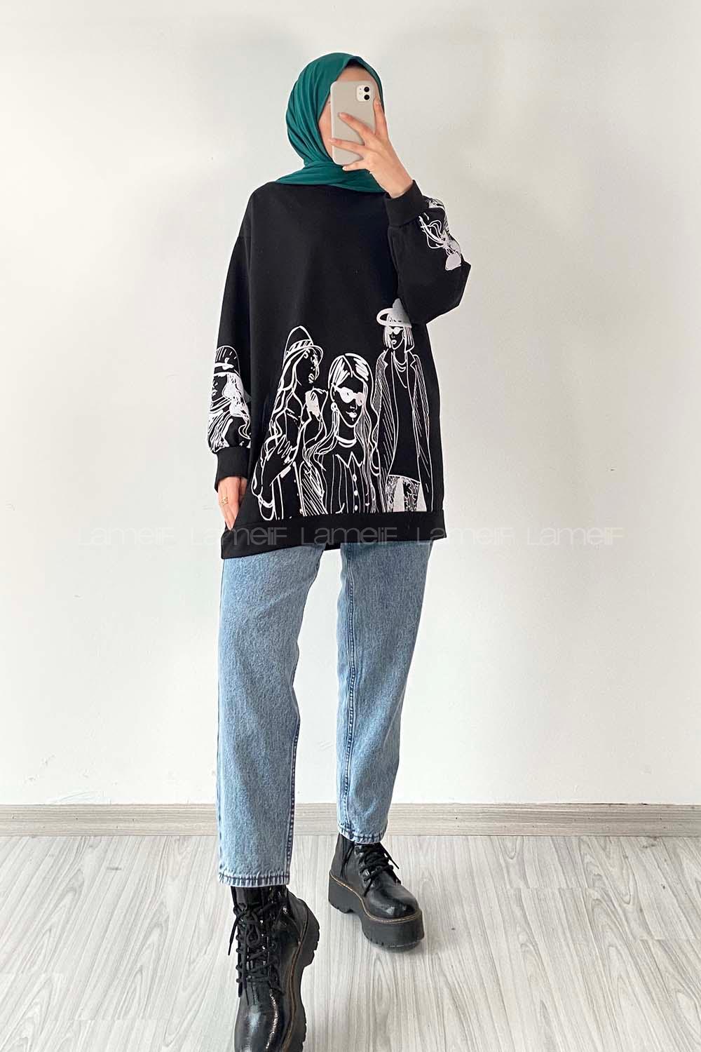 Modalamelif Bisiklet Yakalı Kız Baskılı Sweat Tunik Siyah