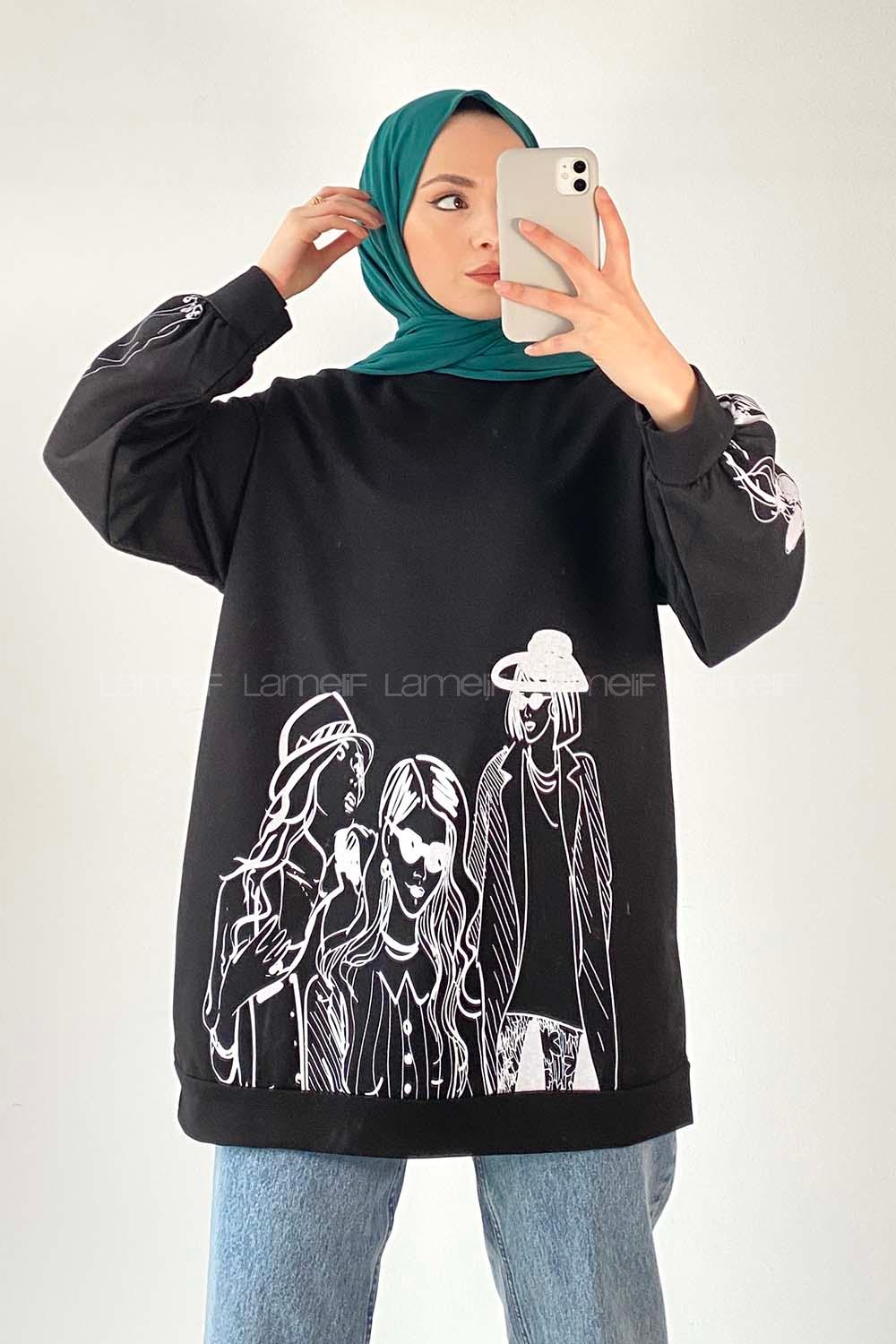 Modalamelif Bisiklet Yakalı Kız Baskılı Sweat Tunik Siyah