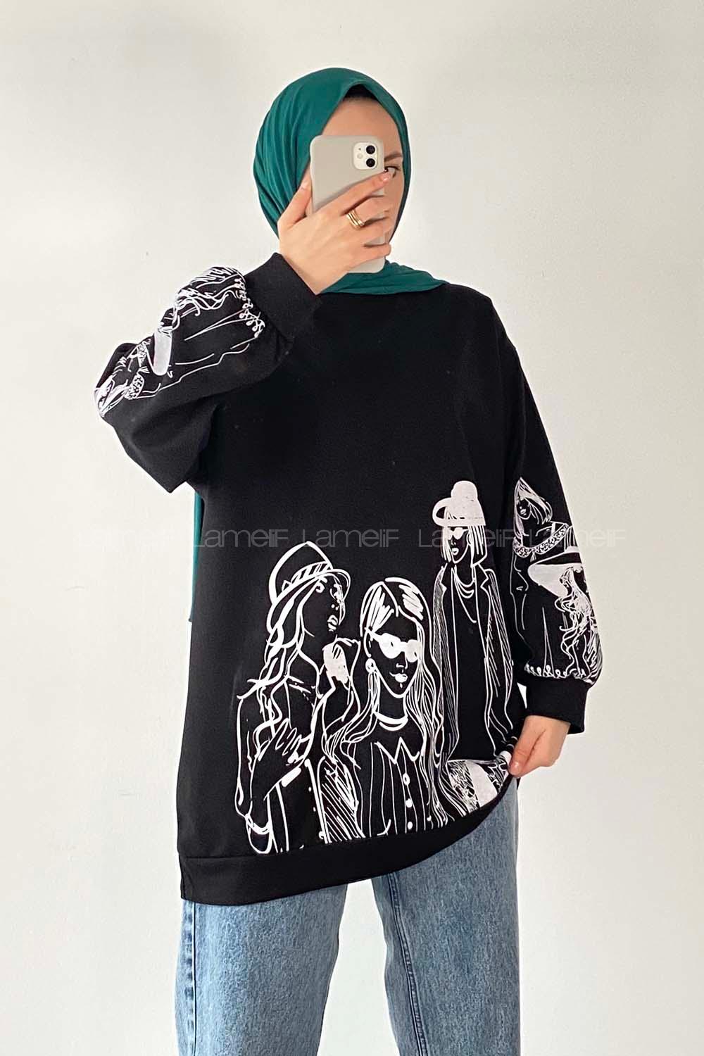 Modalamelif Bisiklet Yakalı Kız Baskılı Sweat Tunik Siyah