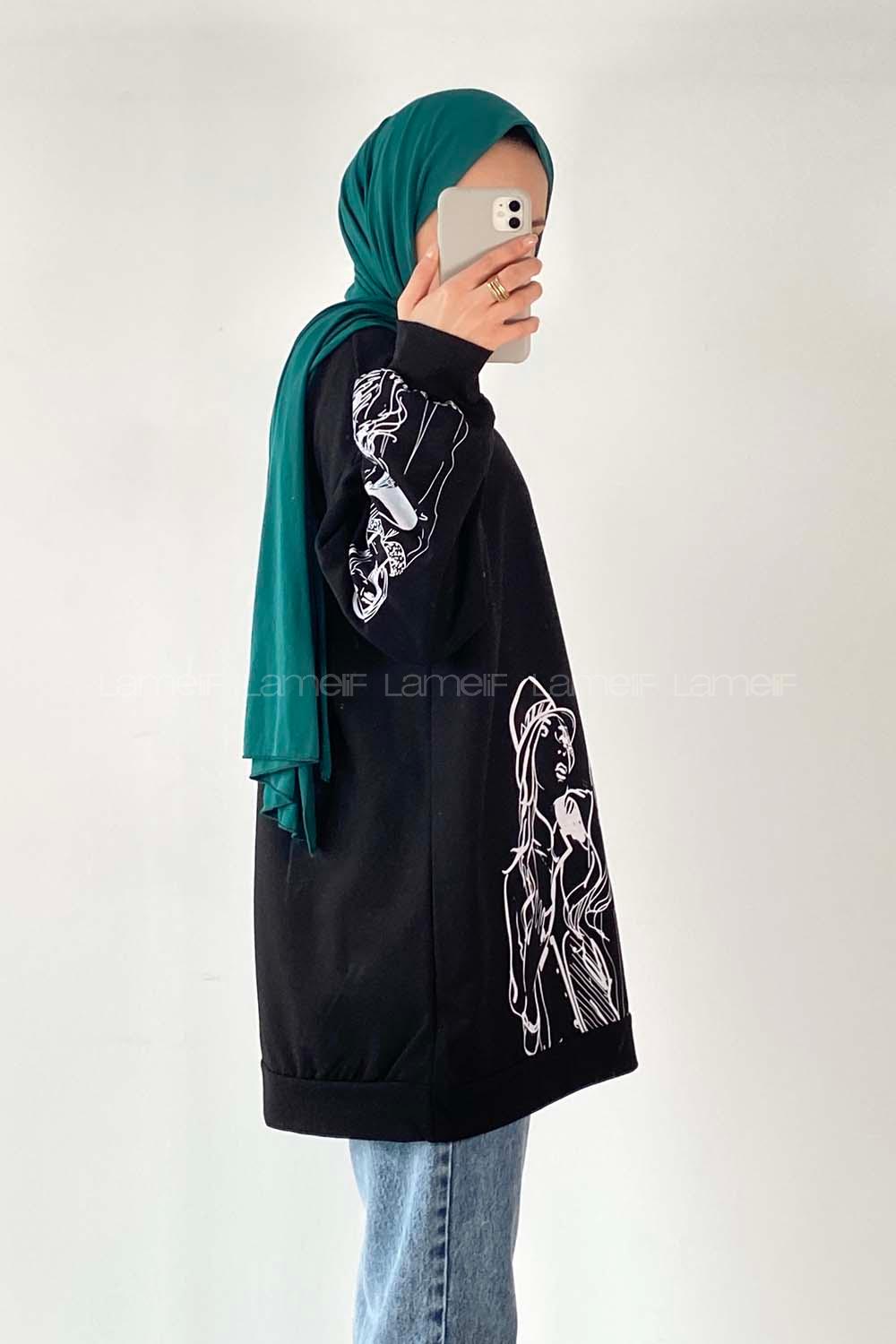 Modalamelif Bisiklet Yakalı Kız Baskılı Sweat Tunik Siyah