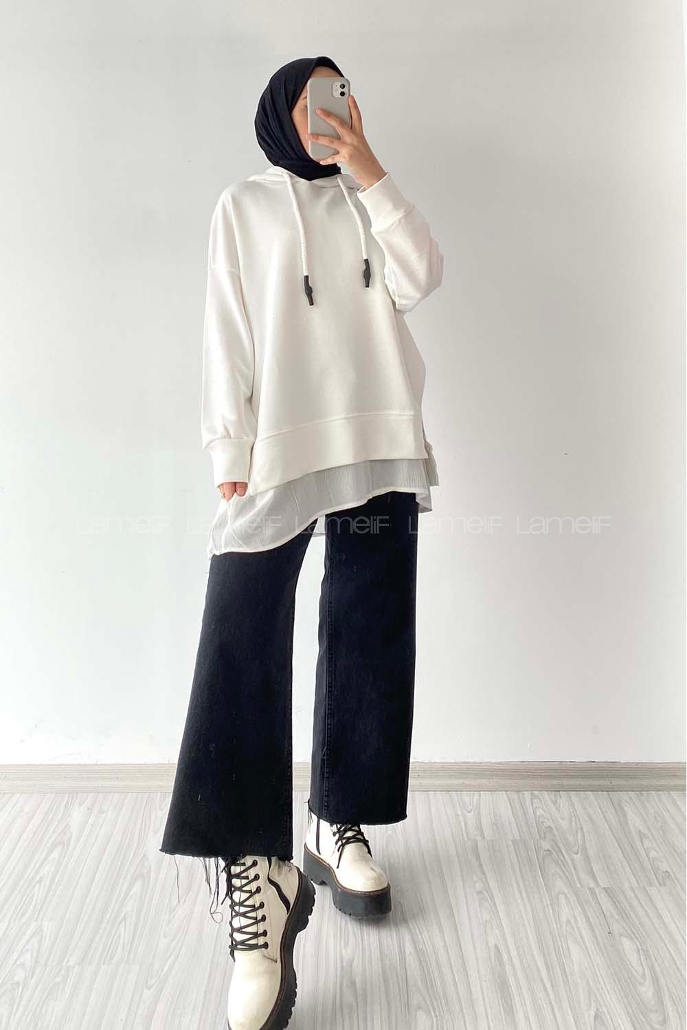 Modalamelif Etek Ucu Garnili Kapüşon Detaylı Yırtmaçlı Anabelle Sweat Beyaz