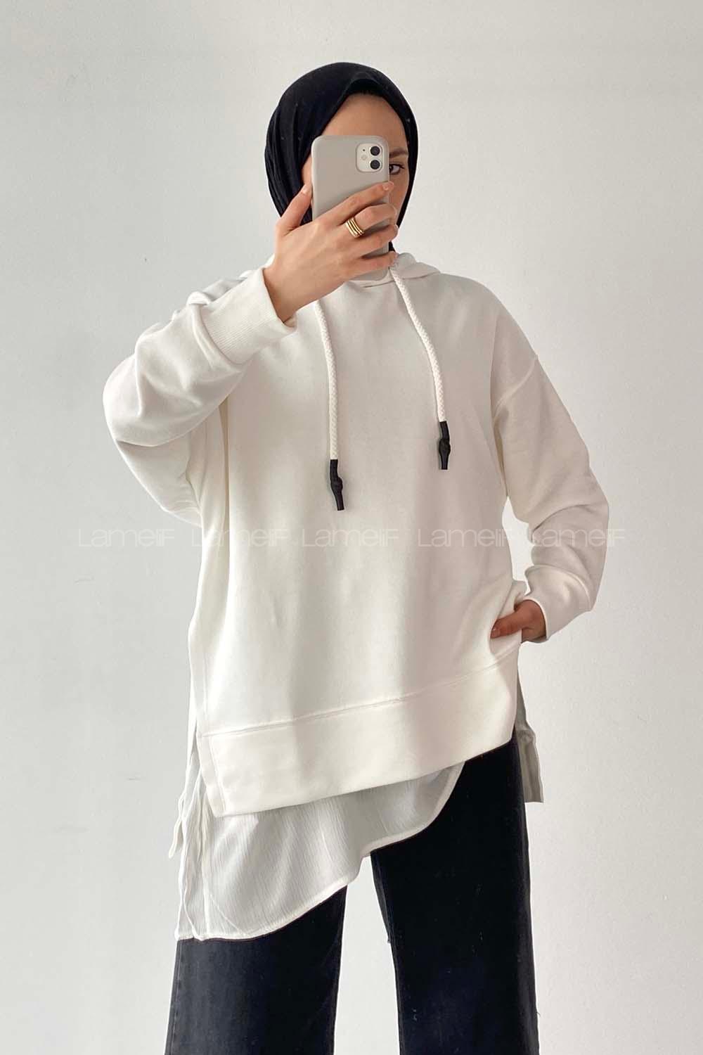 Modalamelif Etek Ucu Garnili Kapüşon Detaylı Yırtmaçlı Anabelle Sweat Beyaz