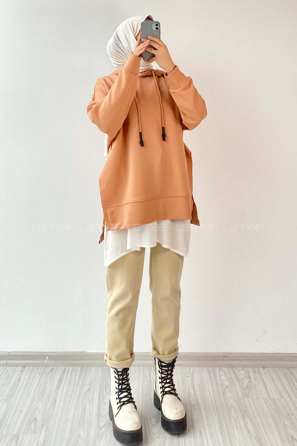 Modalamelif Etek Ucu Garnili Kapüşon Detaylı Yırtmaçlı Anabelle Sweat Sütlükahve