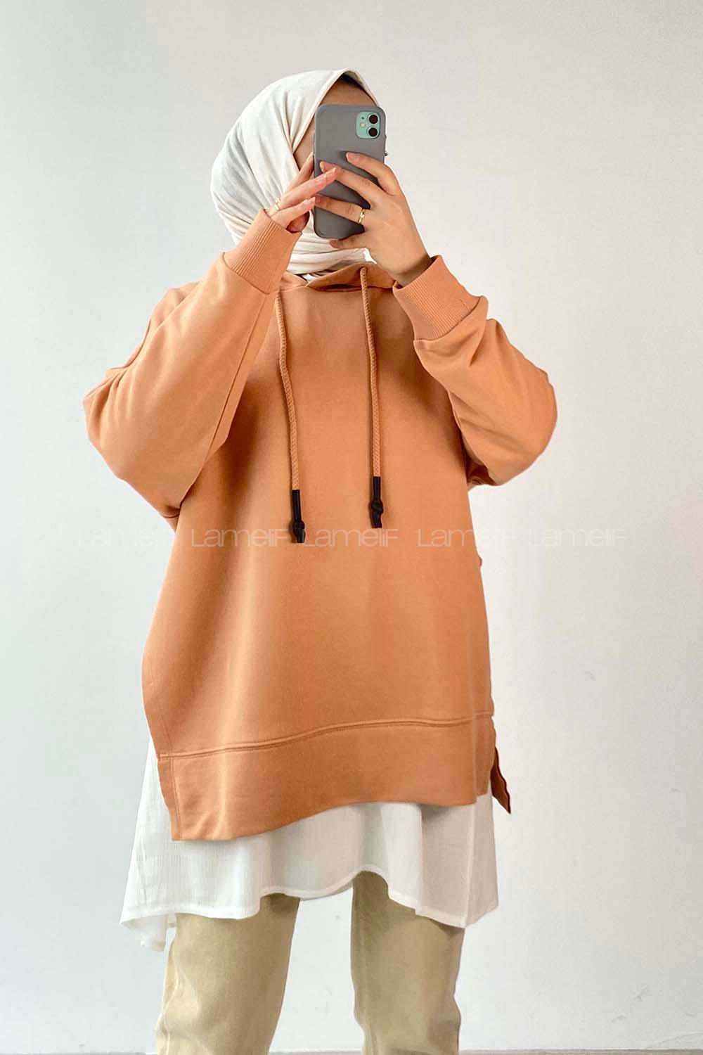 Modalamelif Etek Ucu Garnili Kapüşon Detaylı Yırtmaçlı Anabelle Sweat Sütlükahve