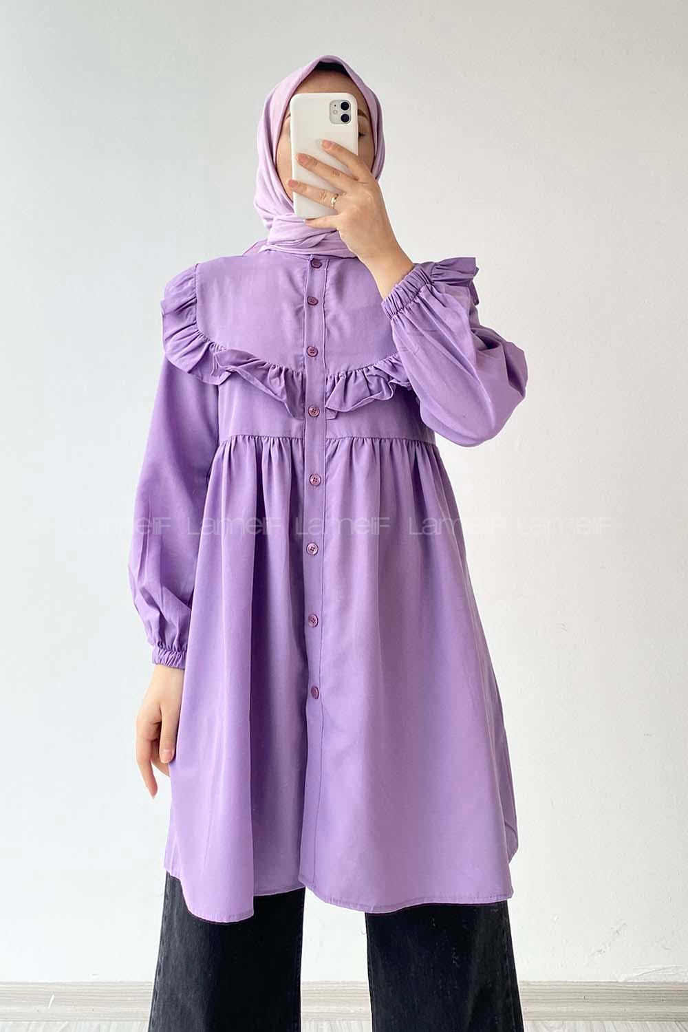 Modalamelif Hakim Yaka Fırfırlı Tunik Eflatun