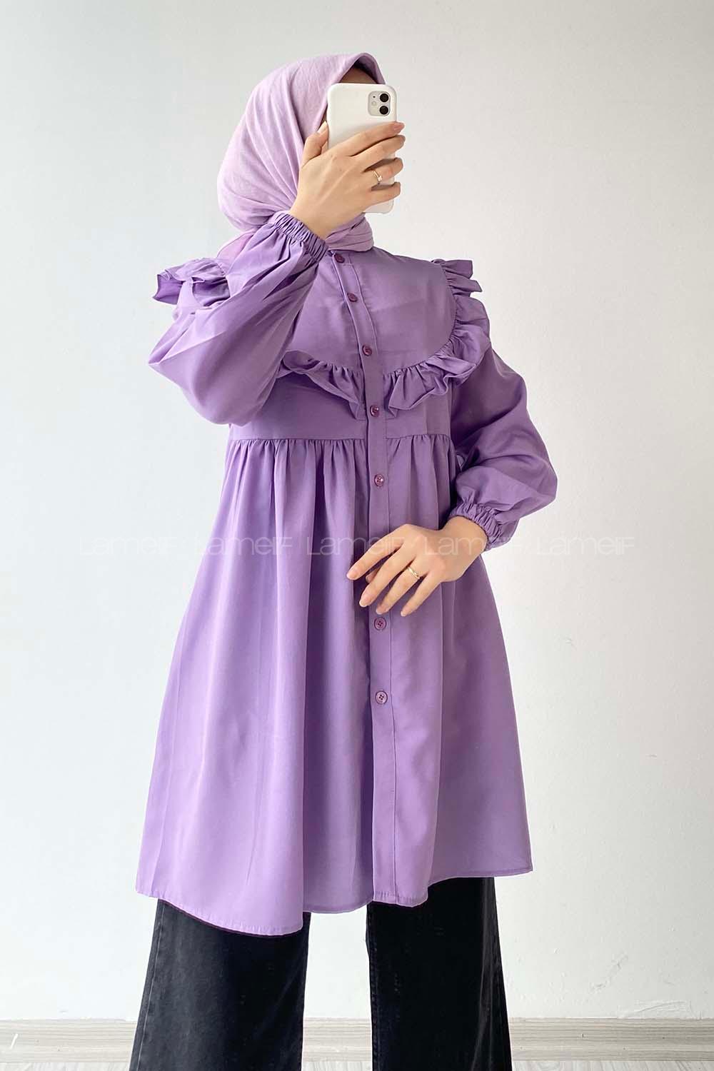 Modalamelif Hakim Yaka Fırfırlı Tunik Eflatun