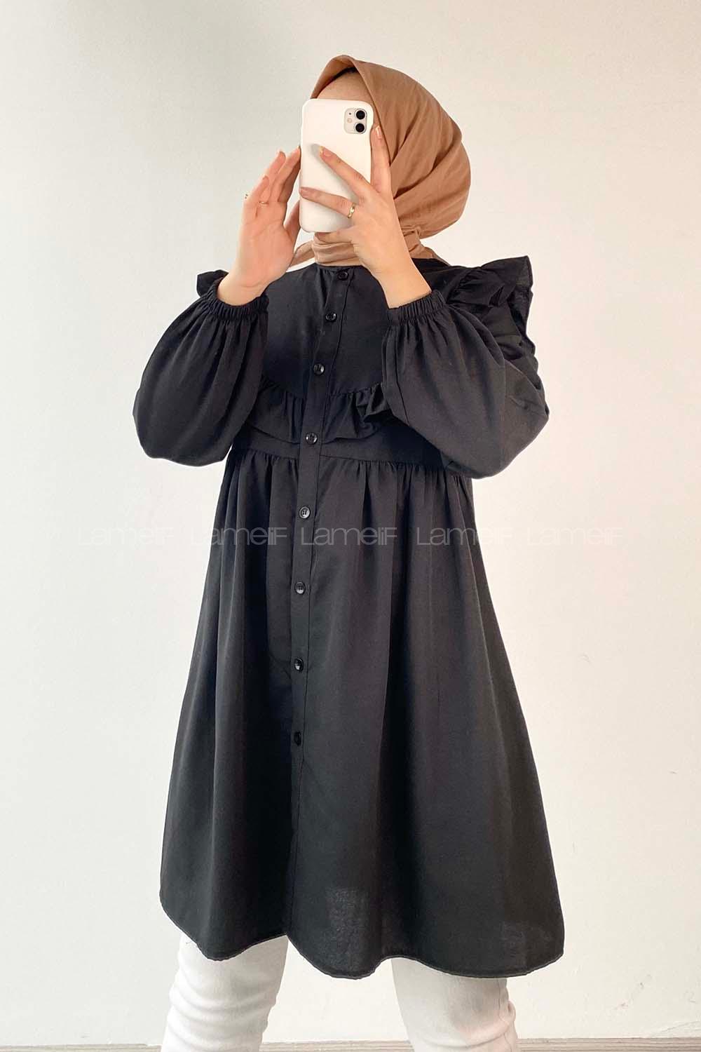 Modalamelif Hakim Yaka Fırfırlı Tunik Siyah