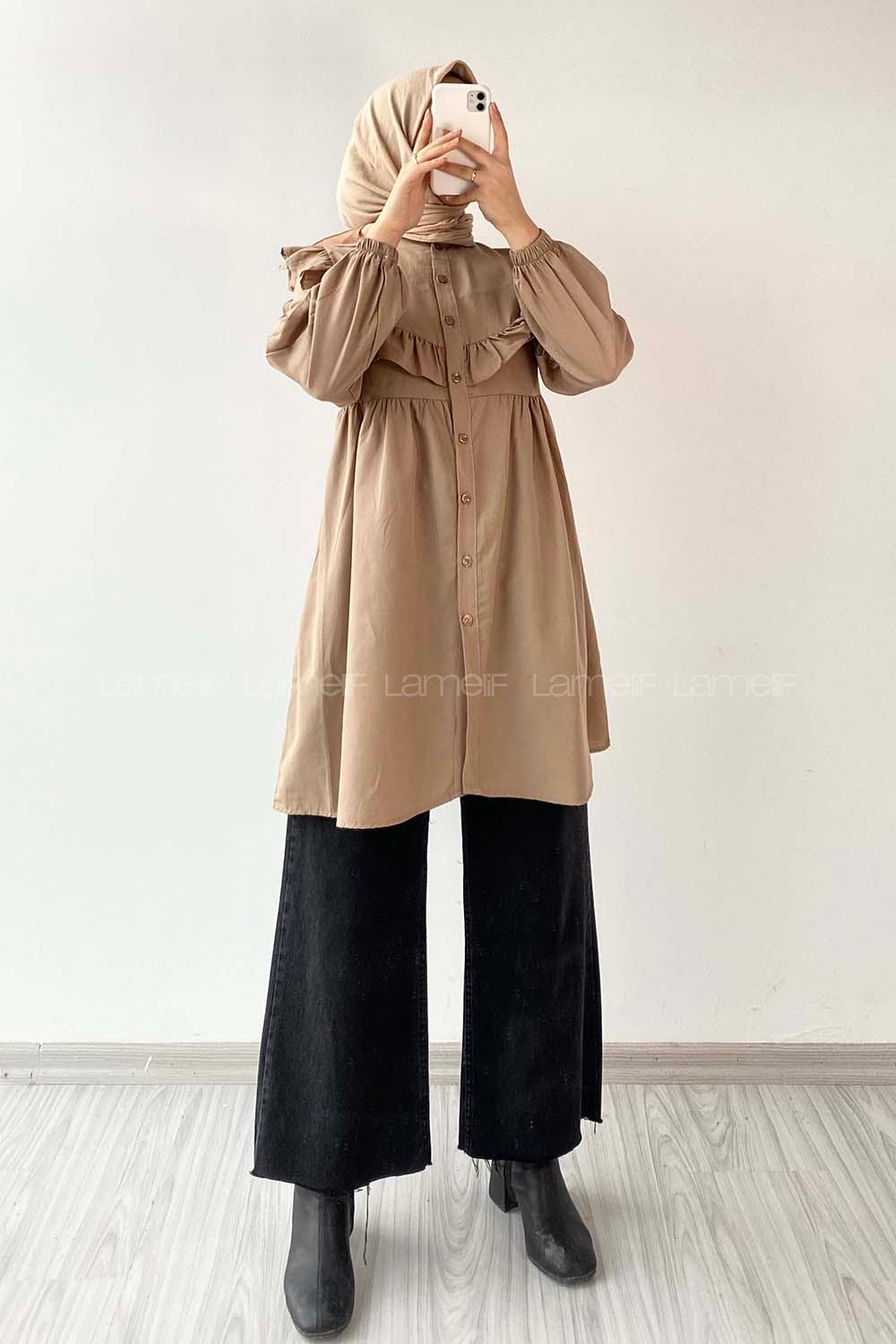 Modalamelif Hakim Yaka Fırfırlı Tunik Sütlü Kahve