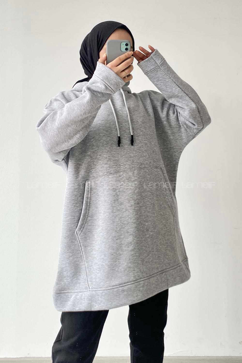 Modalamelif  Kanguru Cepli Uzun Sweatshirt Gri