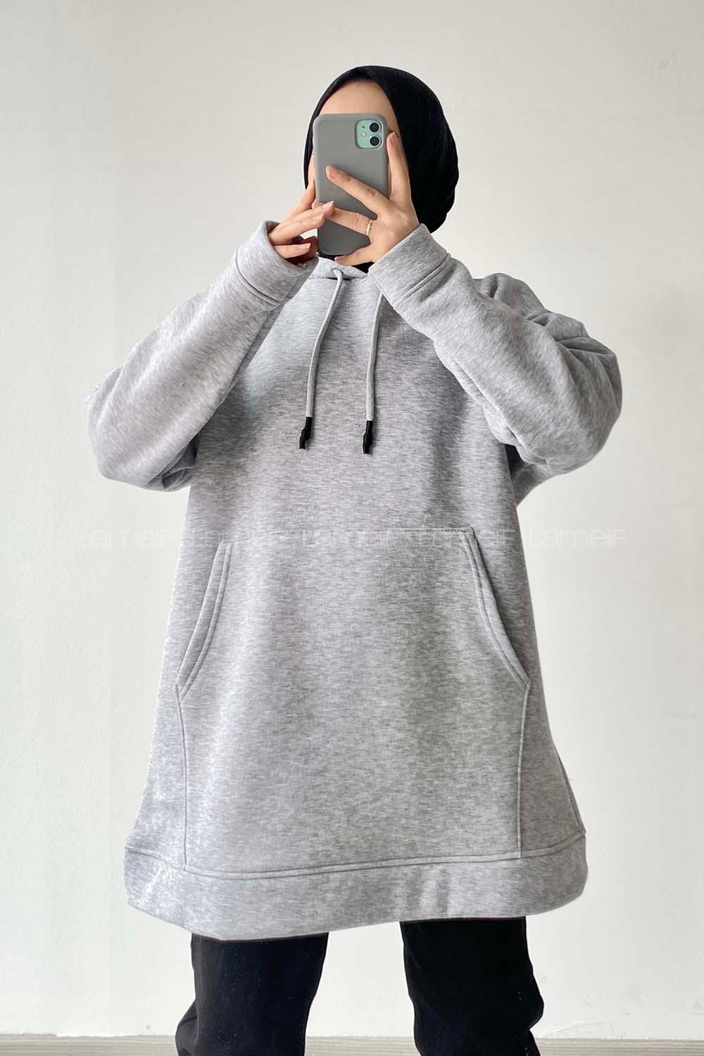 Modalamelif  Kanguru Cepli Uzun Sweatshirt Gri