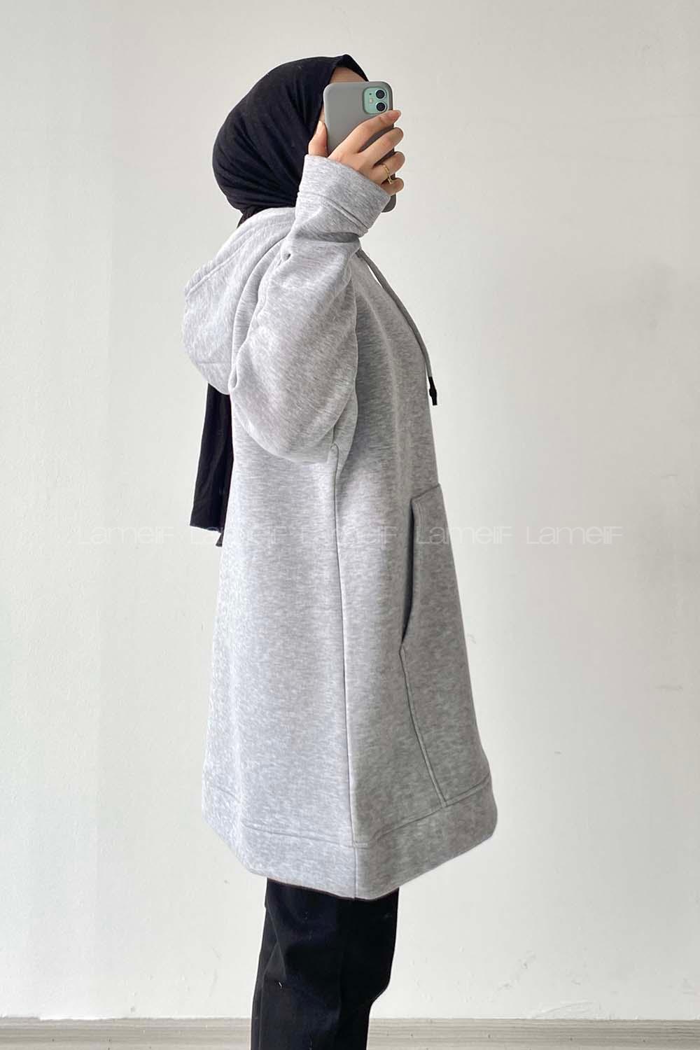 Modalamelif  Kanguru Cepli Uzun Sweatshirt Gri