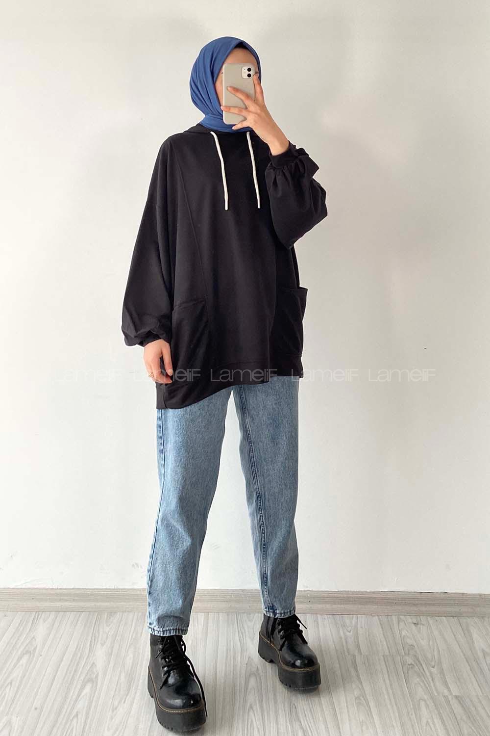 Modalamelif Kapüşonlu Salaş Çift Cepli Sweat Siyah