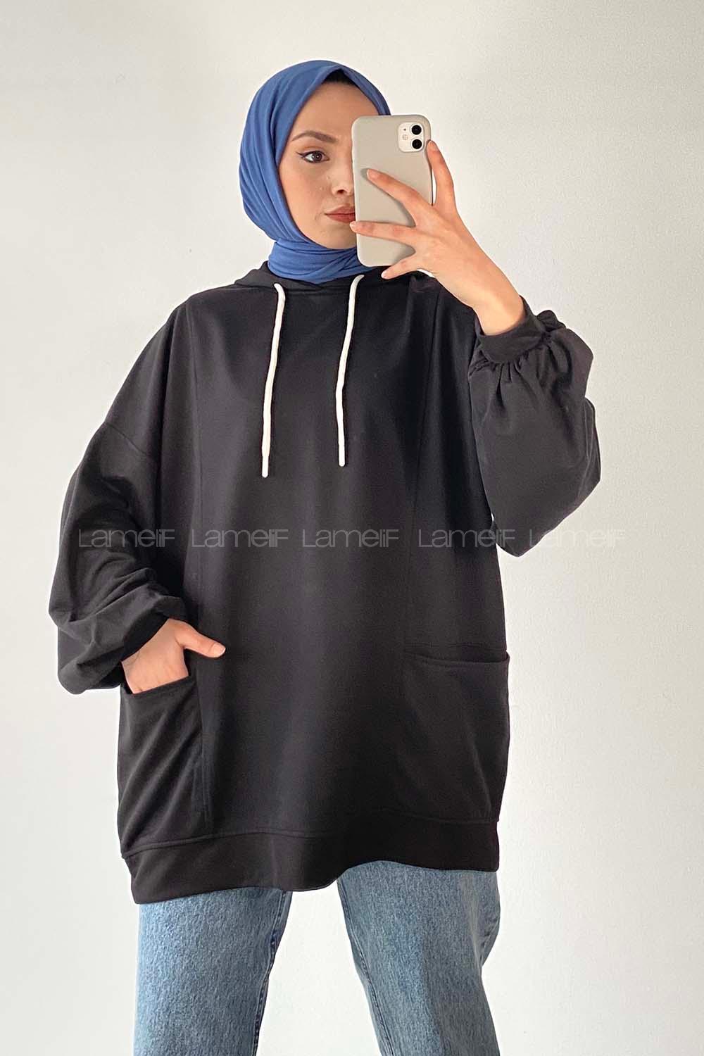 Modalamelif Kapüşonlu Salaş Çift Cepli Sweat Siyah