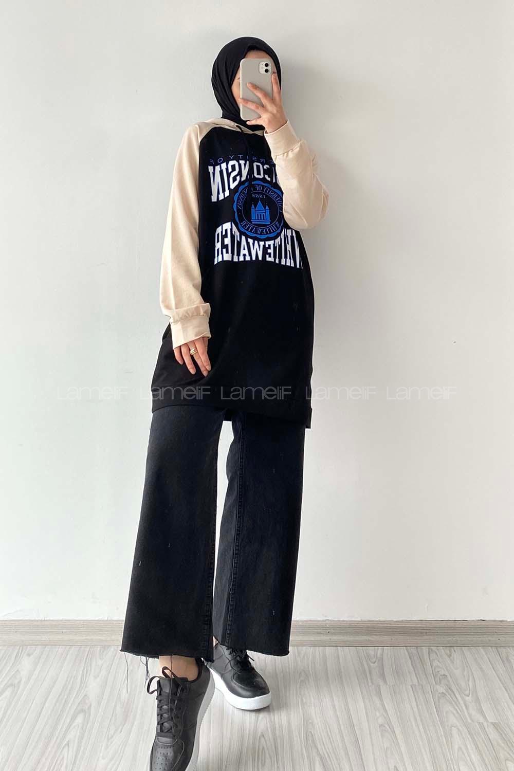 Modalamelif Kapüşonlu Yazı Baskılı Renk Garnili Detaylı Tunik Siyah-Krem