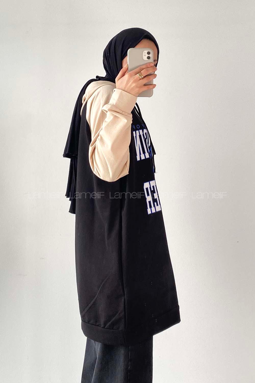 Modalamelif Kapüşonlu Yazı Baskılı Renk Garnili Detaylı Tunik Siyah-Krem