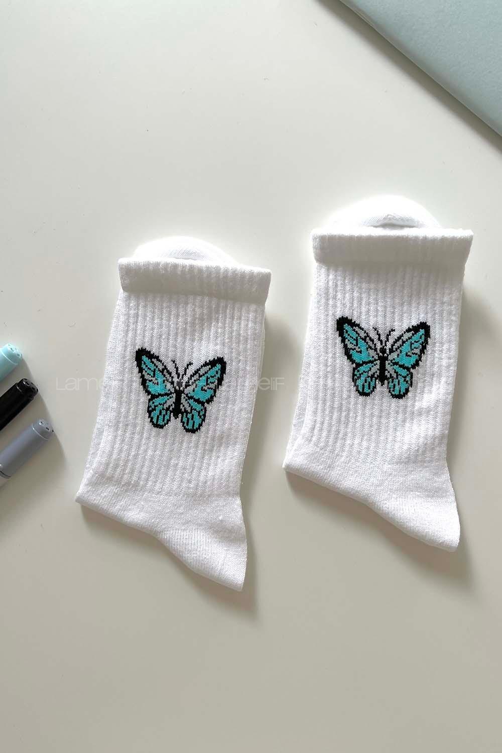Lamelif Kelebek Desenli Beyaz Kolej Çorap