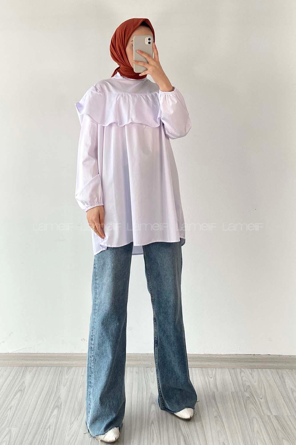 Modalamelif Kol Lastikli Önü Fırfırlı Tunik Ekru