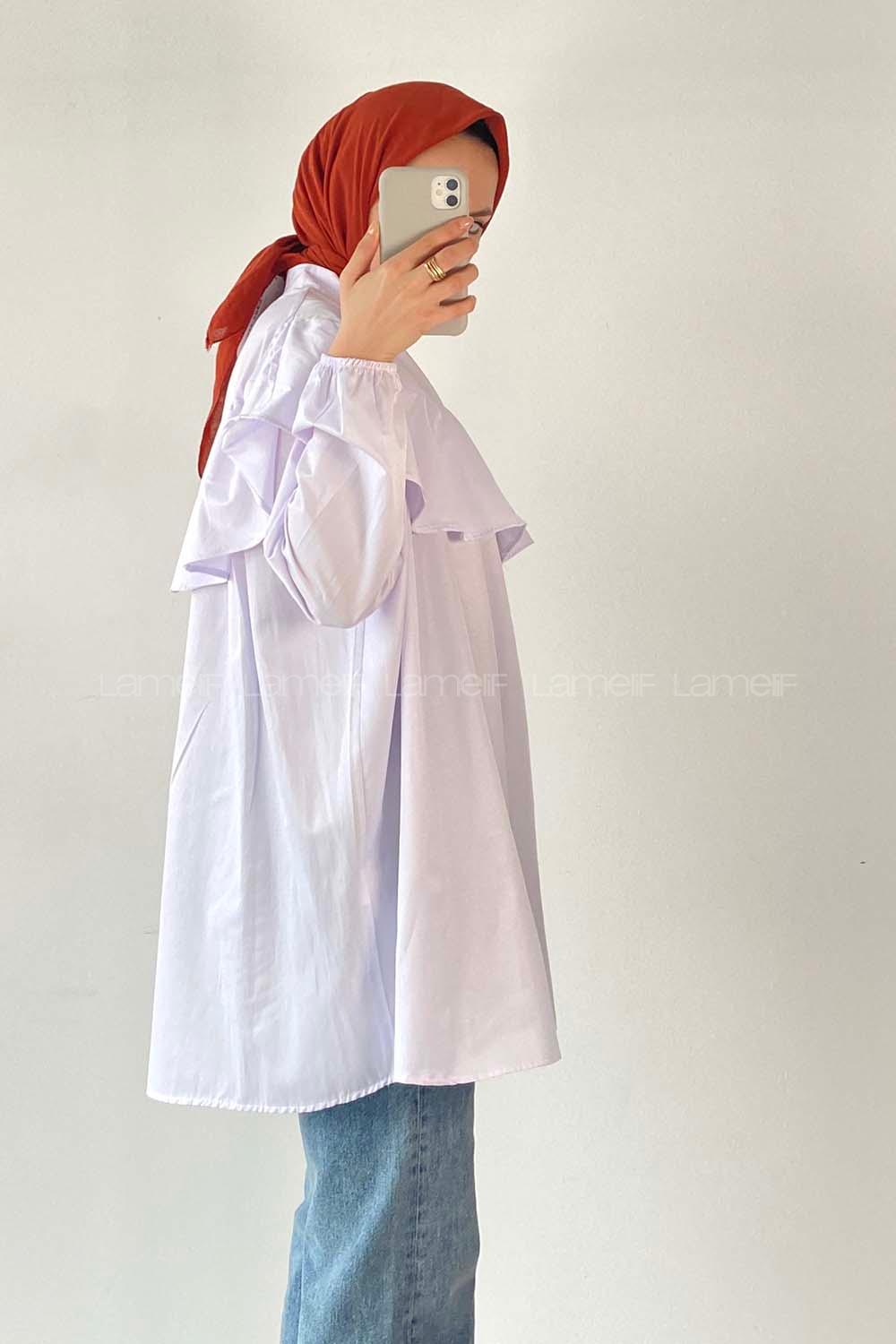 Modalamelif Kol Lastikli Önü Fırfırlı Tunik Ekru