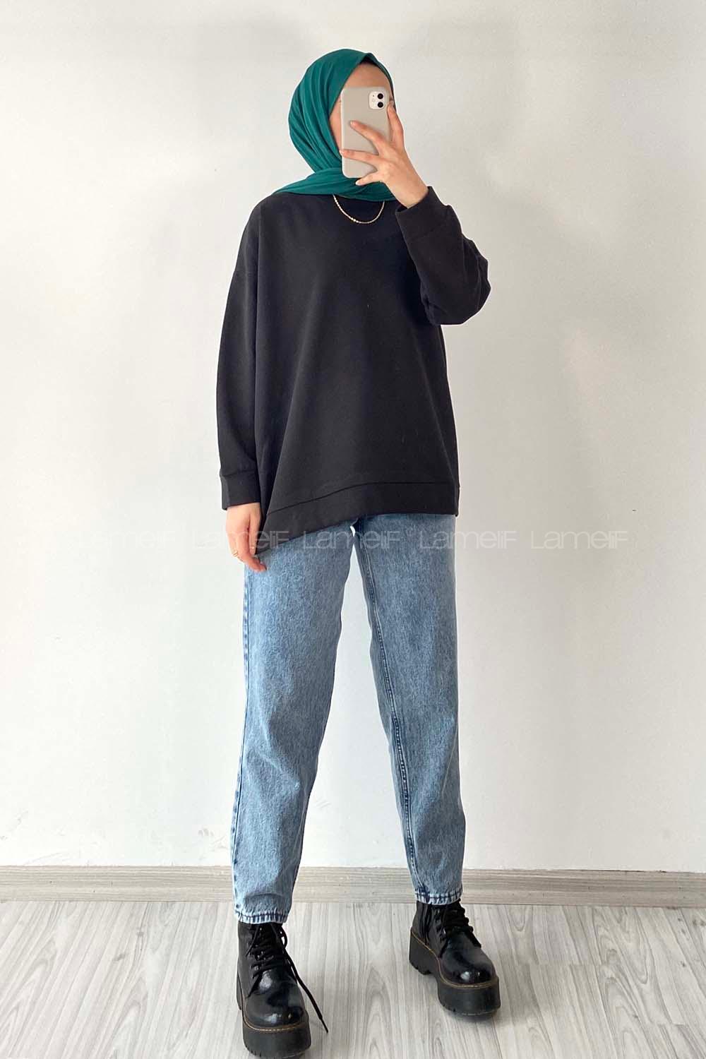 Modalamelif Kol Ve Etek Ucu Manşetli 3 İplik Sweat Siyah