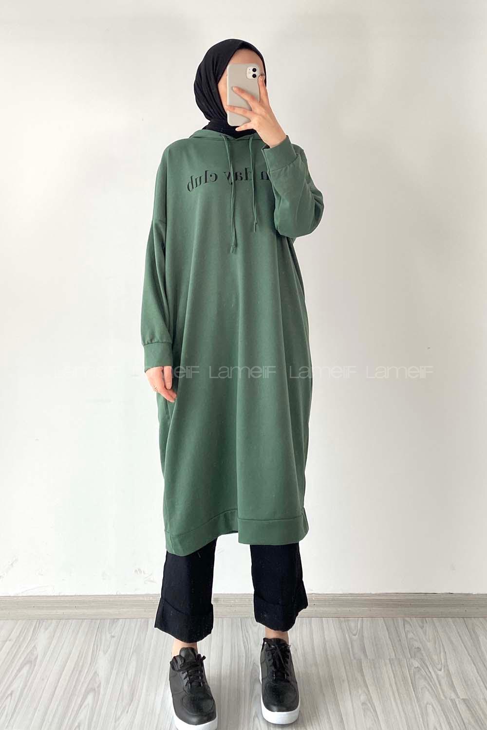 Modalamelif Sun Day Club Yazı Baskılı Kapüşonlu Tunik Pastel Yeşili