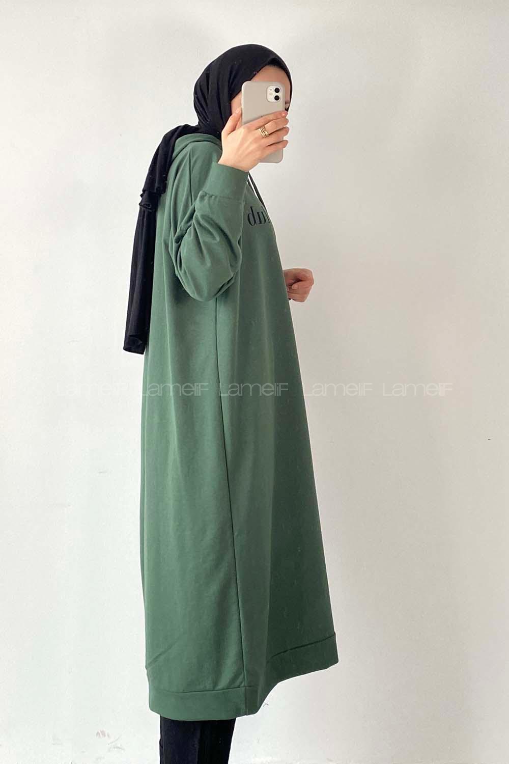 Modalamelif Sun Day Club Yazı Baskılı Kapüşonlu Tunik Pastel Yeşili