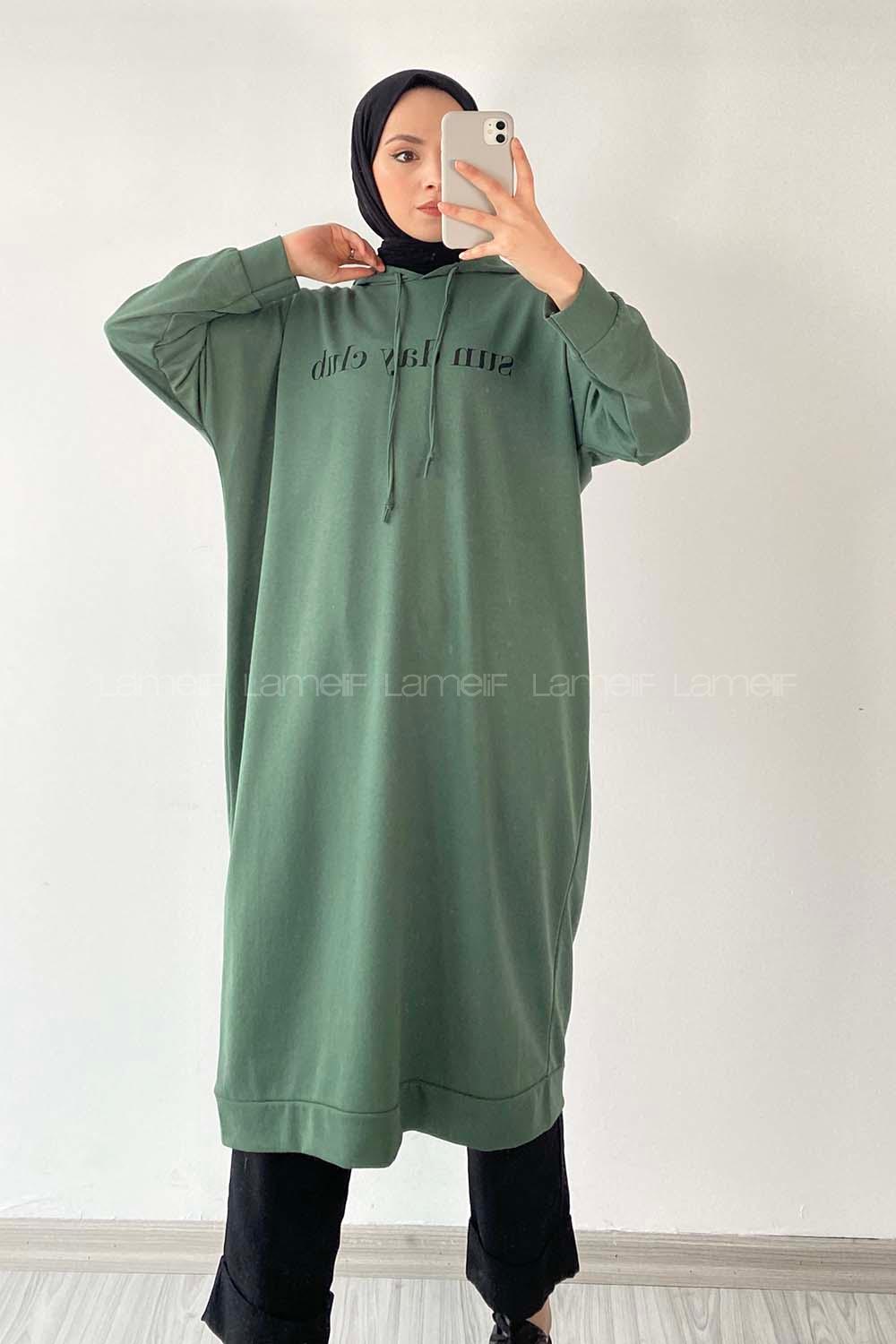 Modalamelif Sun Day Club Yazı Baskılı Kapüşonlu Tunik Pastel Yeşili