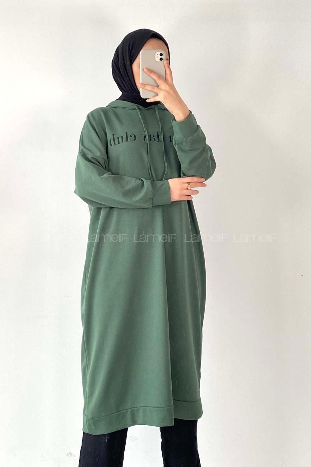 Modalamelif Sun Day Club Yazı Baskılı Kapüşonlu Tunik Pastel Yeşili