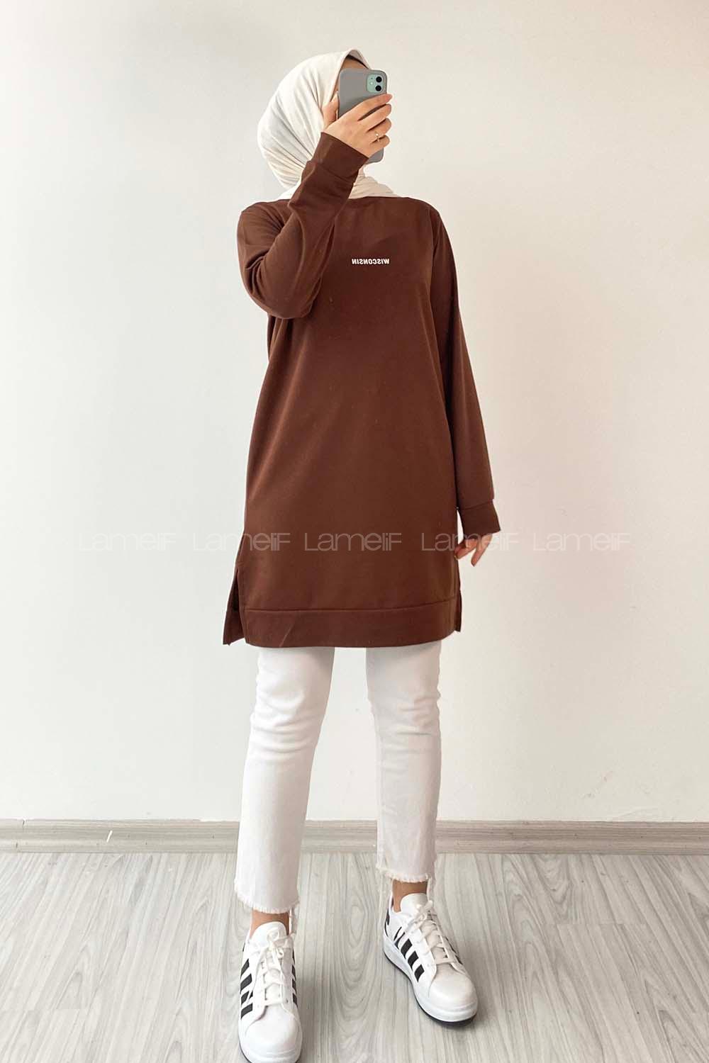 Modalamelif Wısconsın Yazı Baskılı Yırtmaçlı Tunik Acıkahve