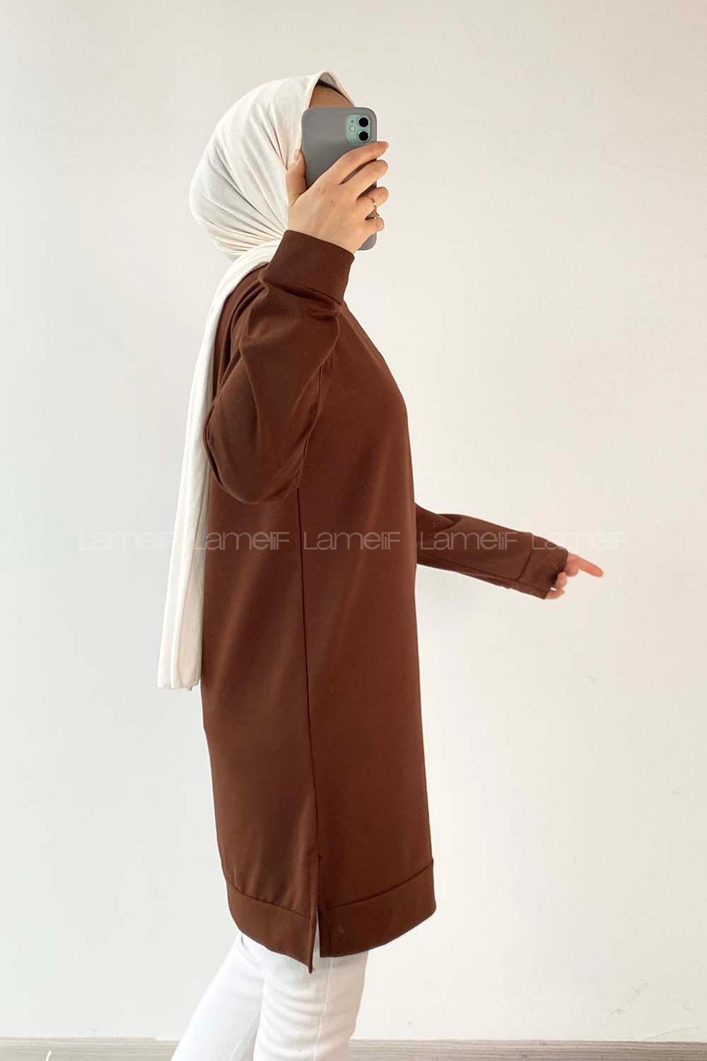 Modalamelif Wısconsın Yazı Baskılı Yırtmaçlı Tunik Acıkahve