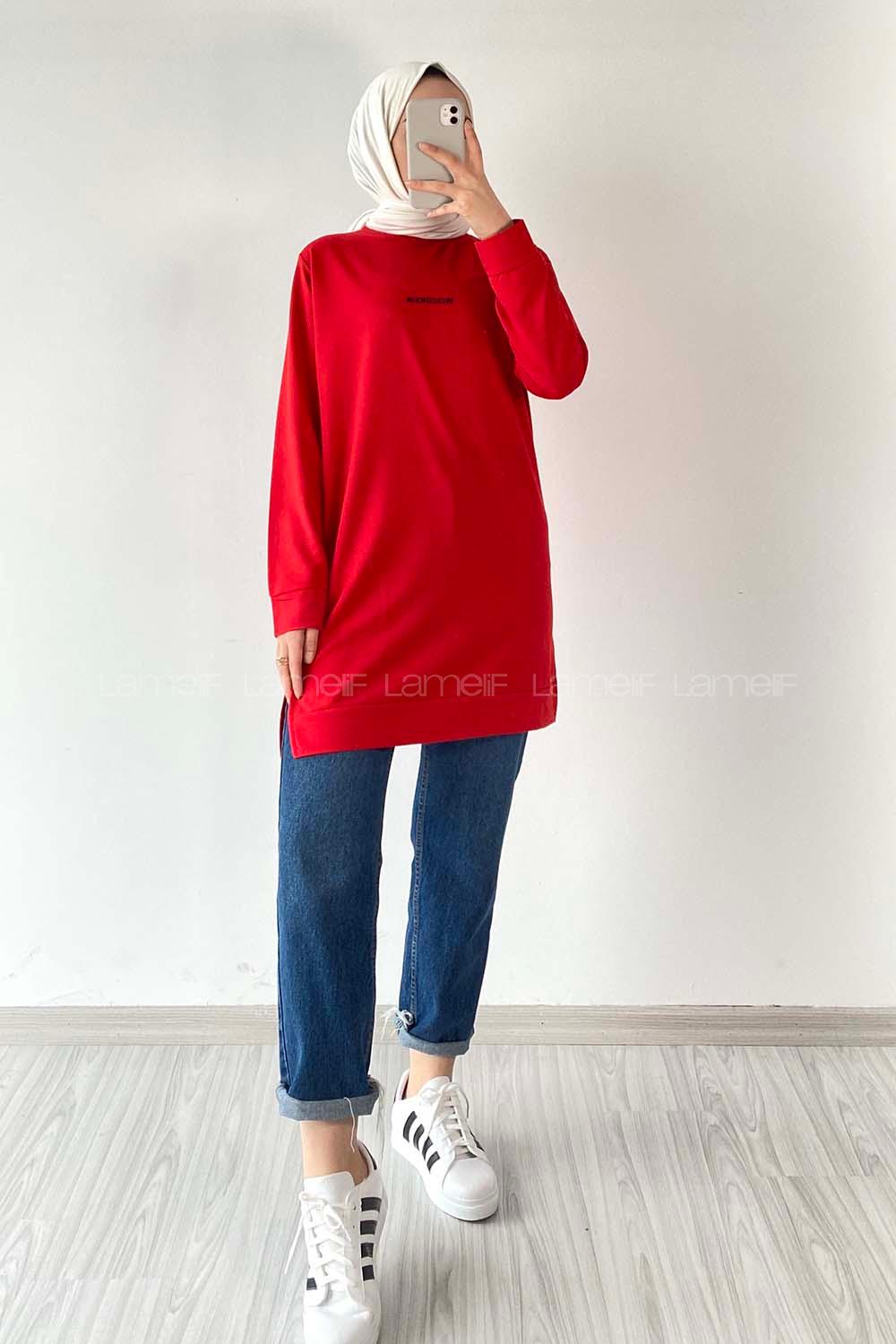 Modalamelif Wısconsın Yazı Baskılı Yırtmaçlı Tunik Kırmızı