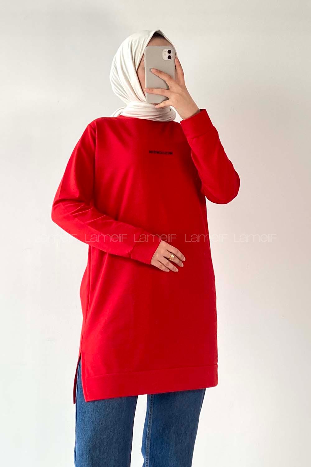 Modalamelif Wısconsın Yazı Baskılı Yırtmaçlı Tunik Kırmızı