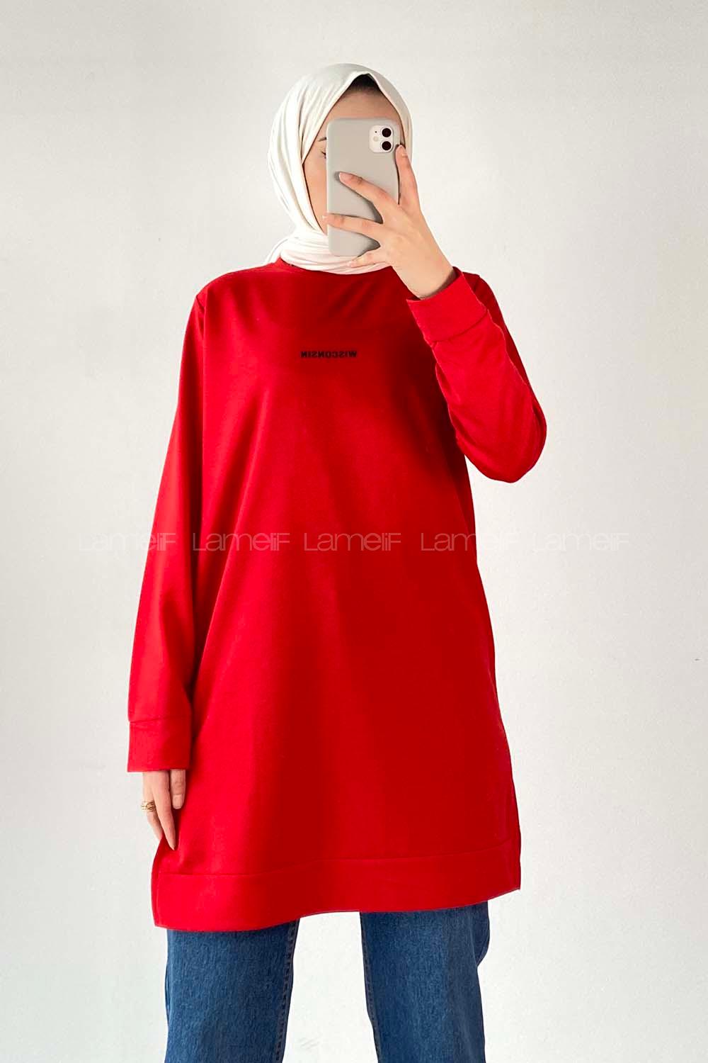 Modalamelif Wısconsın Yazı Baskılı Yırtmaçlı Tunik Kırmızı