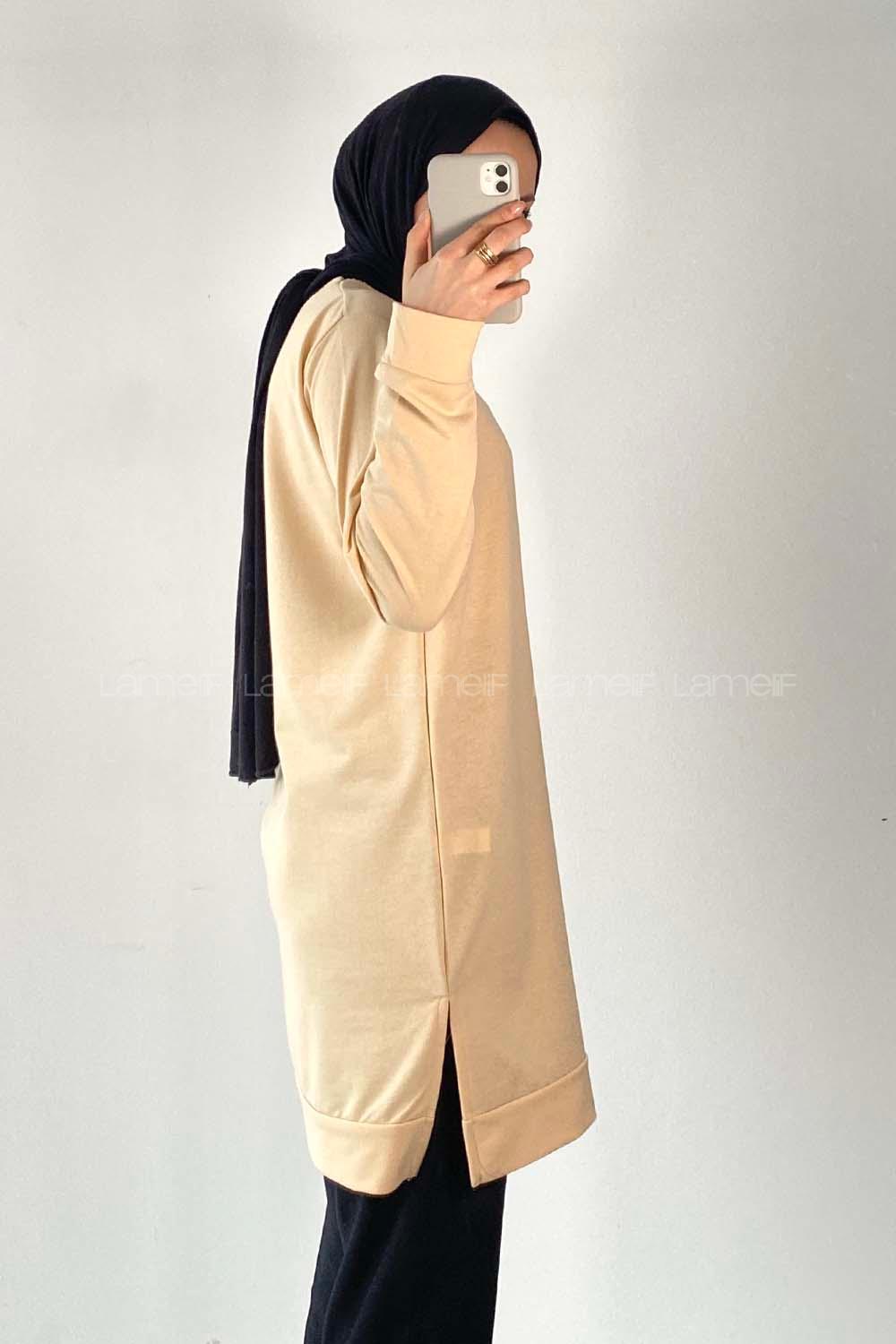 Modalamelif Wısconsın Yazı Baskılı Yırtmaçlı Tunik Krem