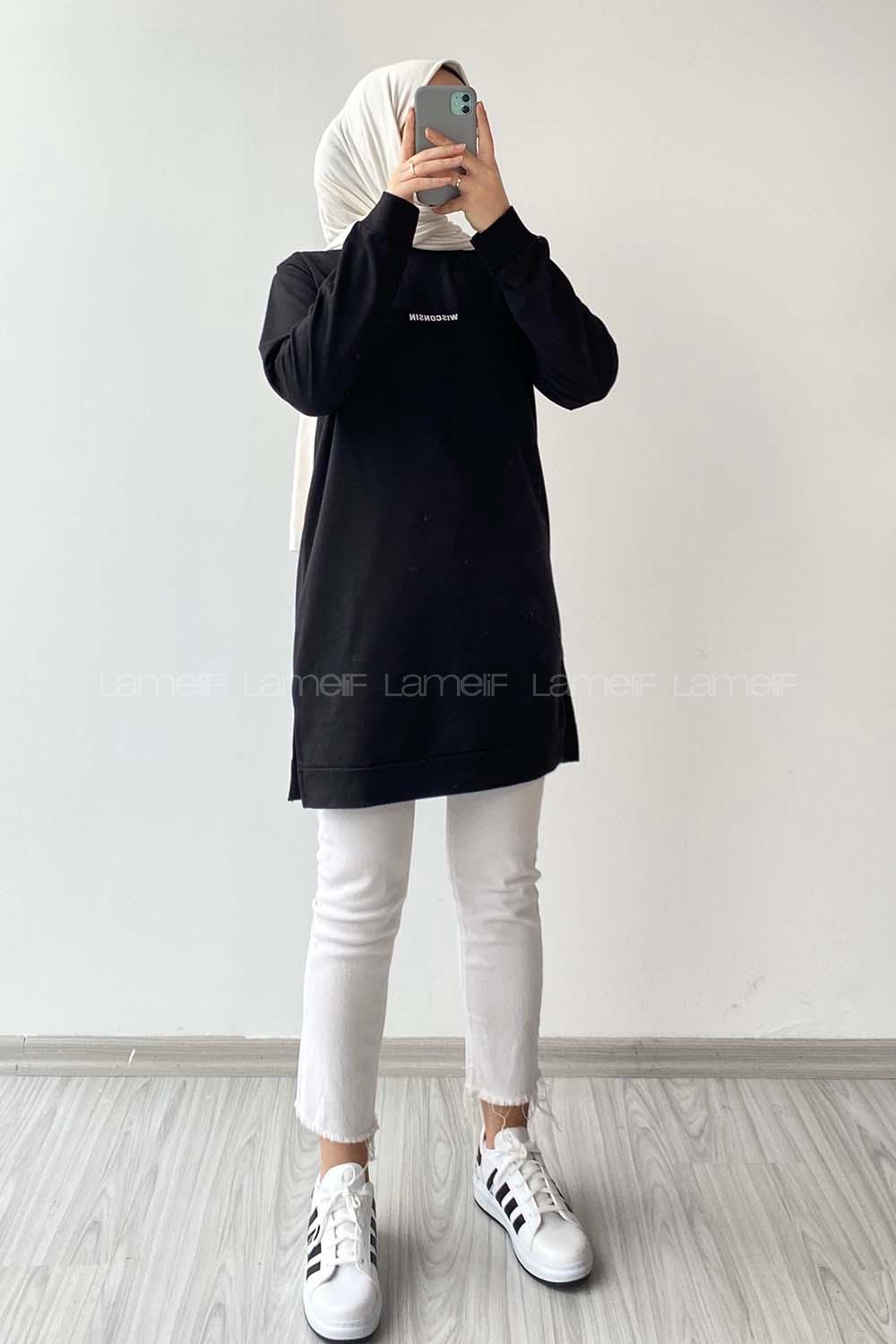 Modalamelif Wısconsın Yazı Baskılı Yırtmaçlı Tunik Siyah