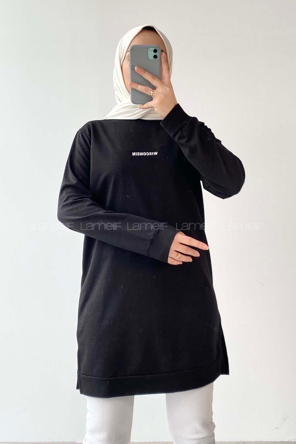 Modalamelif Wısconsın Yazı Baskılı Yırtmaçlı Tunik Siyah