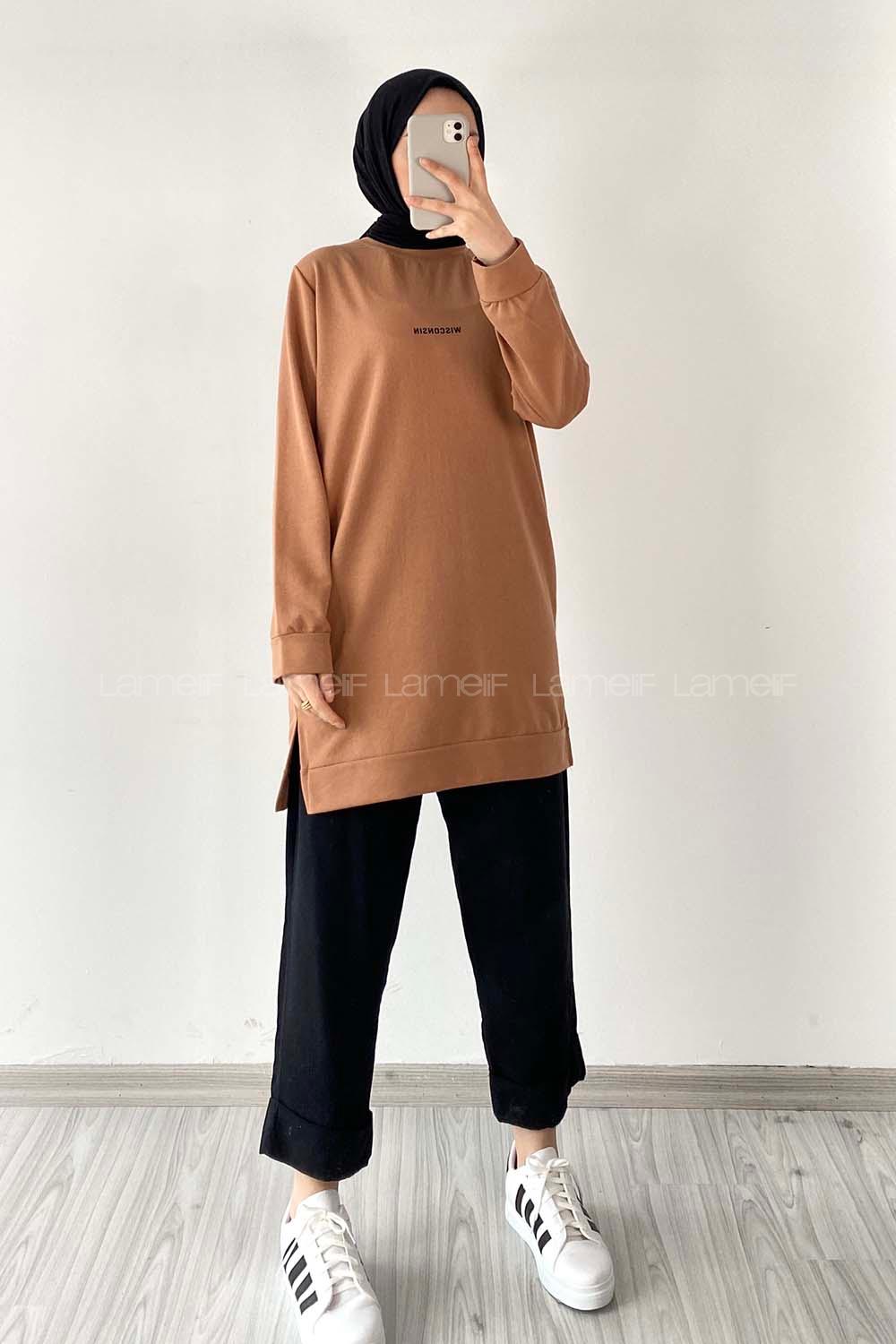 Modalamelif Wısconsın Yazı Baskılı Yırtmaçlı Tunik Sütlükahve