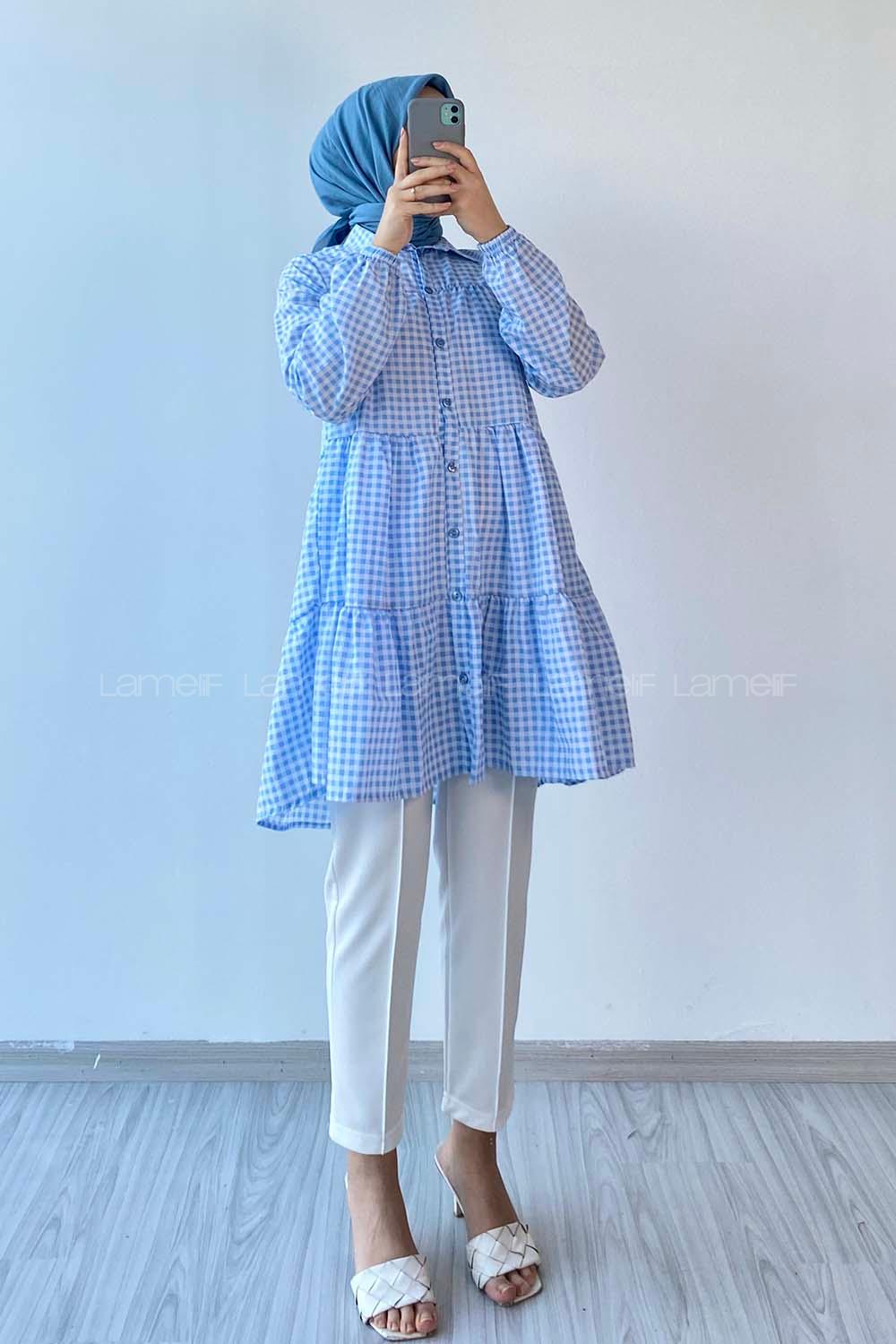 Modalamelif Ekose Fırfırlı Gömlek Açık Mavi