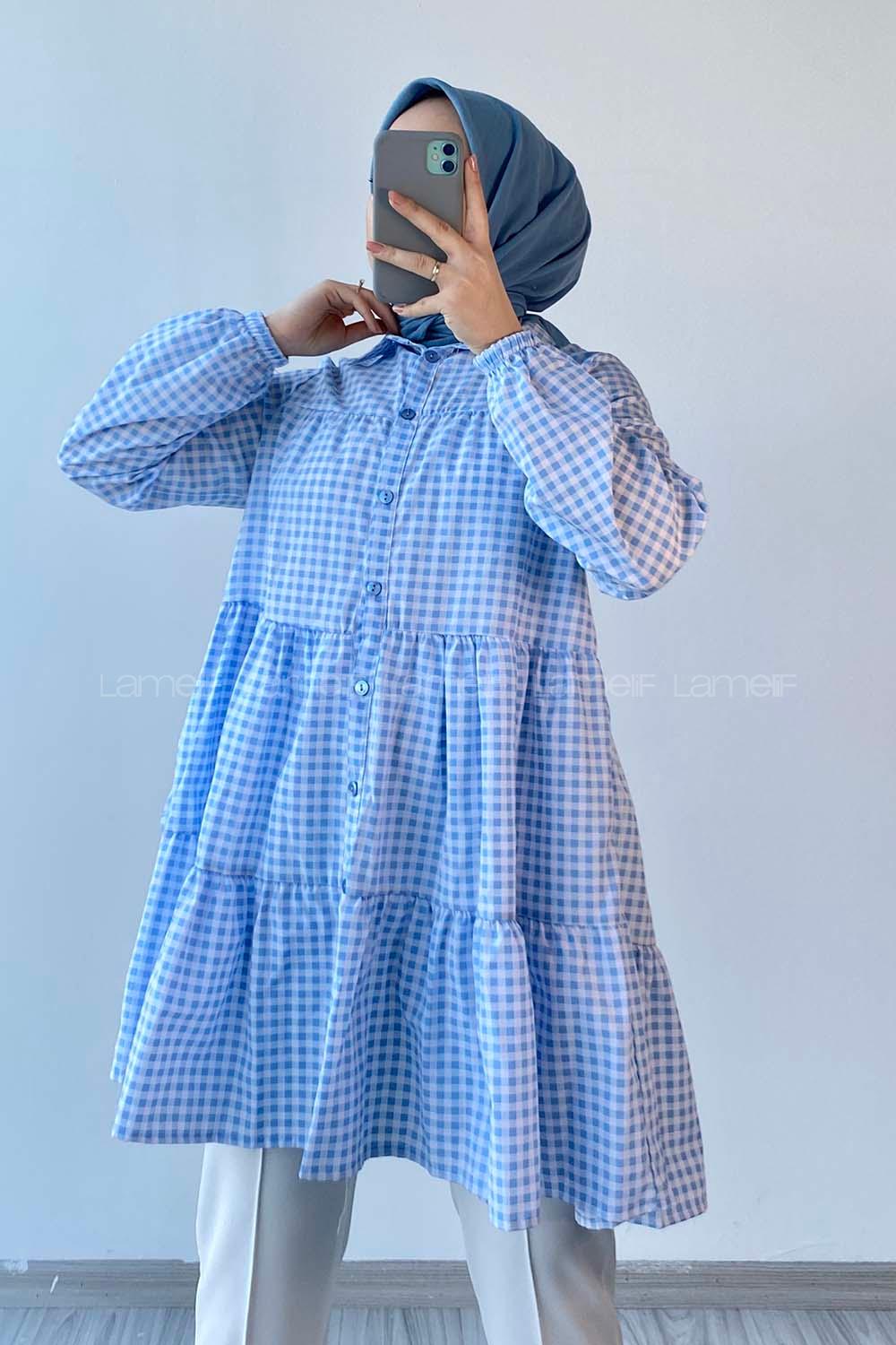 Modalamelif Ekose Fırfırlı Gömlek Açık Mavi