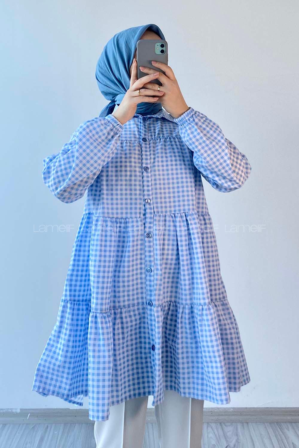 Modalamelif Ekose Fırfırlı Gömlek Açık Mavi