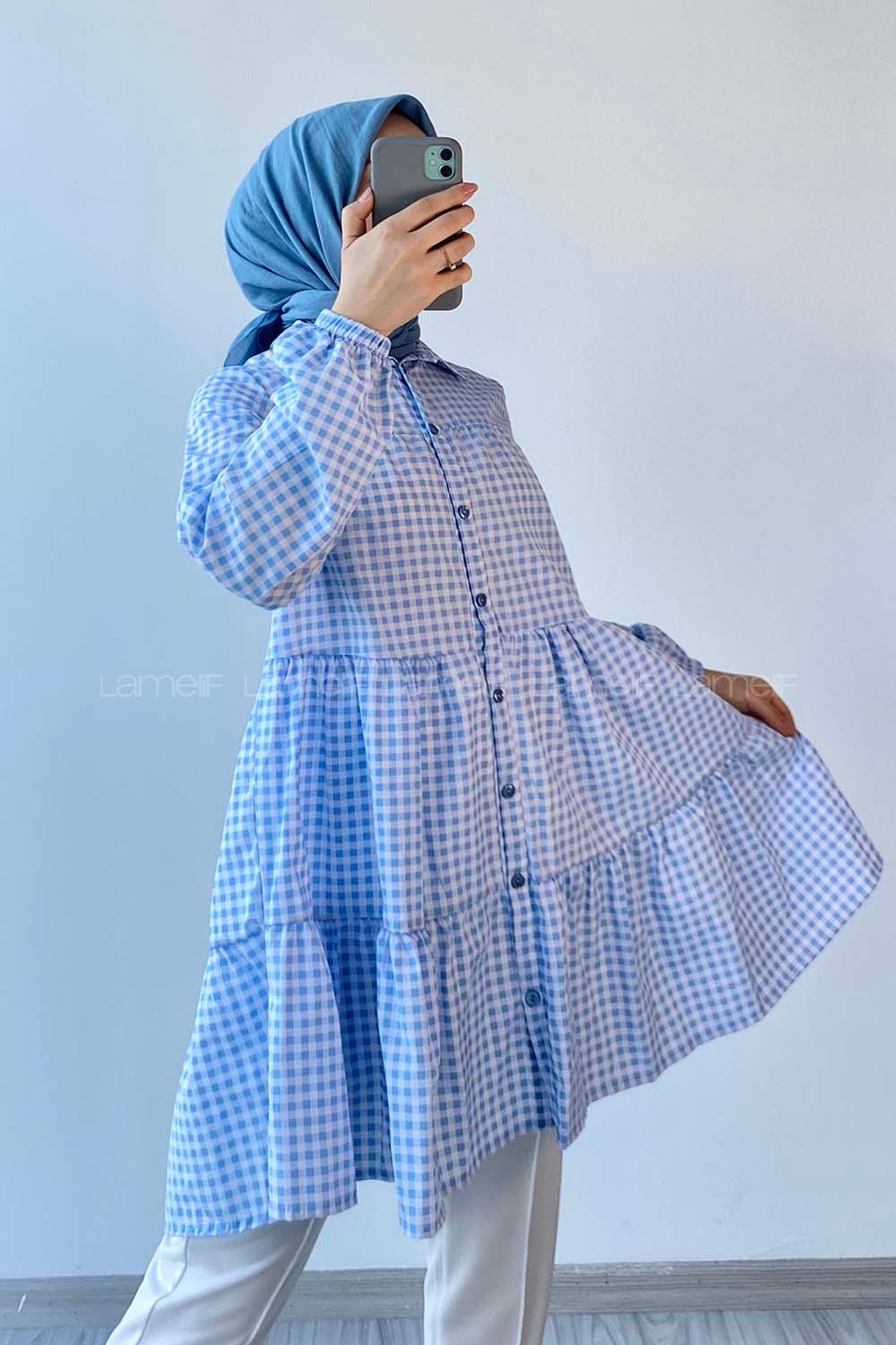 Modalamelif Ekose Fırfırlı Gömlek Açık Mavi