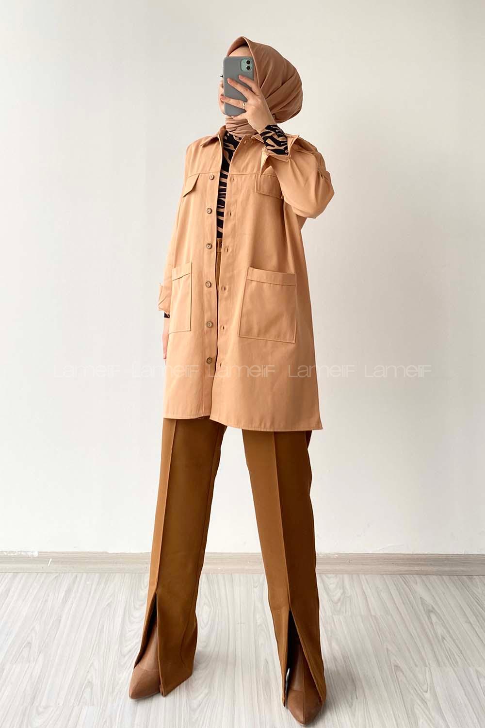 Modalamelif  Körük Cepli Oversize Gömlek Camel